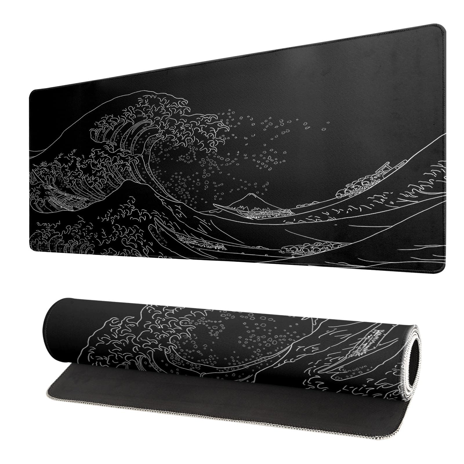 Brecoy Japanese Sea Wave Large Mouse Pad, Anime Black Gaming Mouse Pad Extended Kanagawa Mouse Mat Desk Pad, 3mm Thick Long Non-Slip Rubber Base Mice Pad, 31.5 X 11.8 Inch