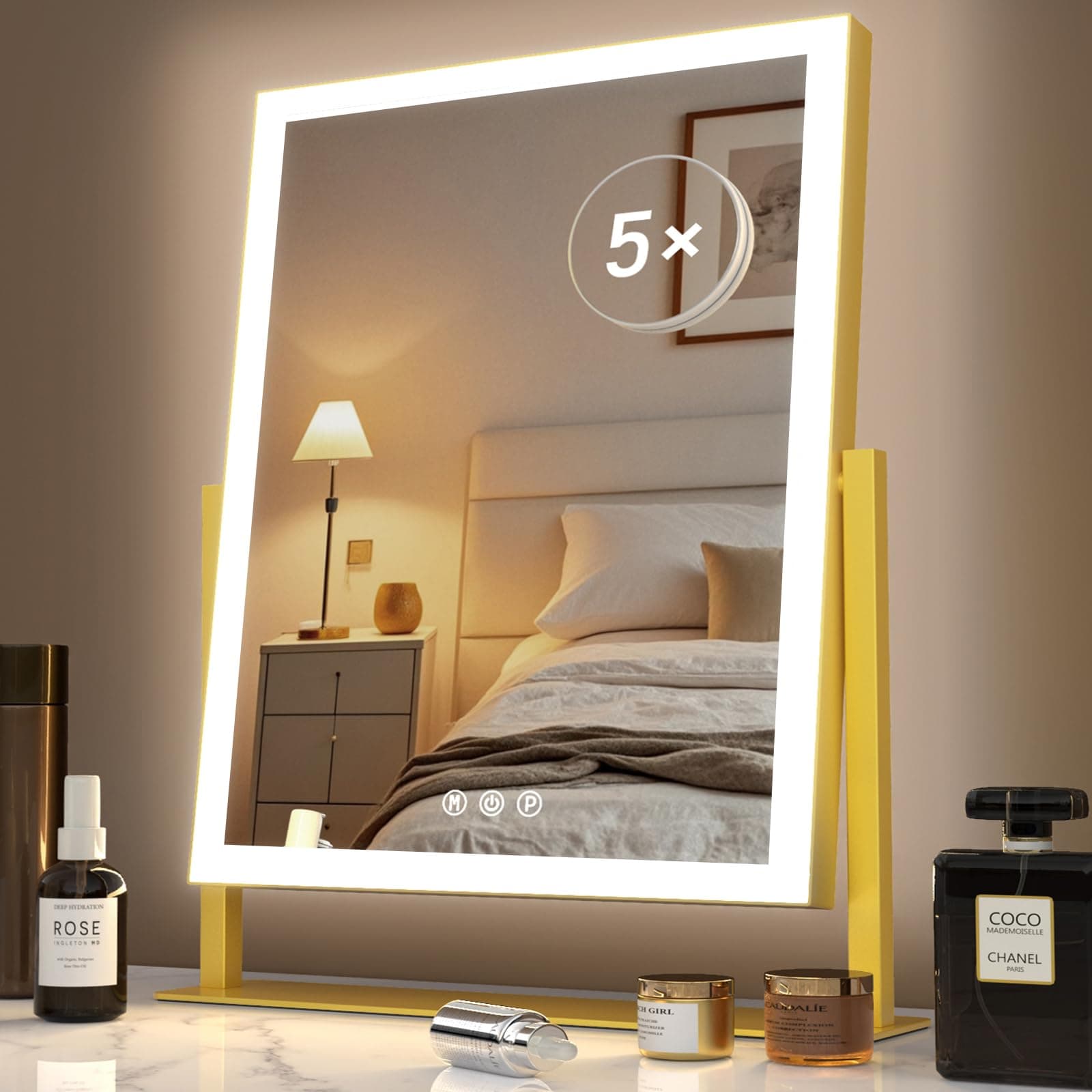 Lighted Makeup Mirror, Hollywood Vanity Mirror with Lights, Three Color Modes,Detachable 10X Magnification Mirror, Smart Touch Control, 360°Rotation (15.2in)