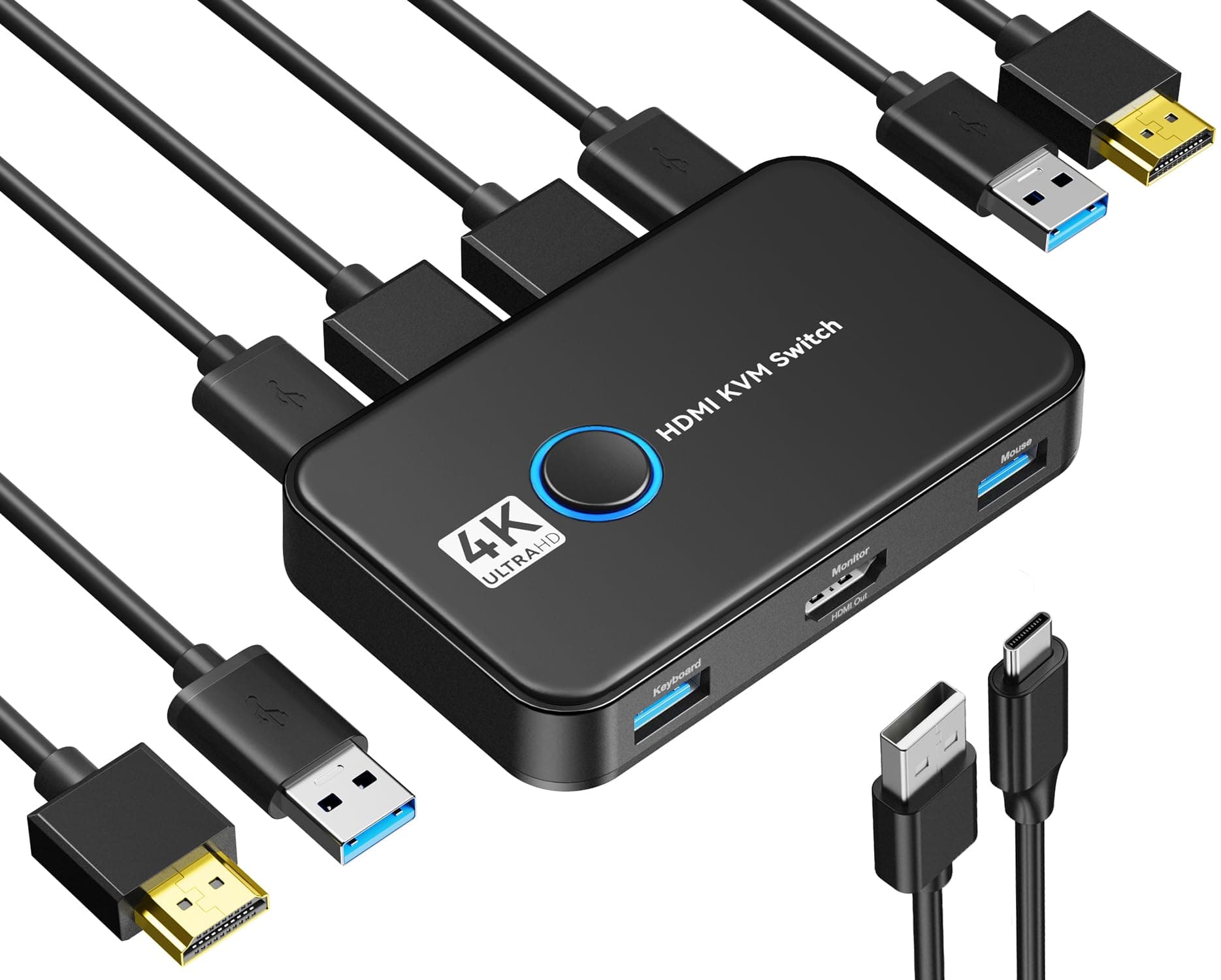 KVM Switch HDMI for 2 Computers Sharing One HD Monitor, Keyboard, and Mouse - Support 4K@60Hz, 2 HDMI Cables, 2 USB Cables, 1 USB C Charge Cable Included