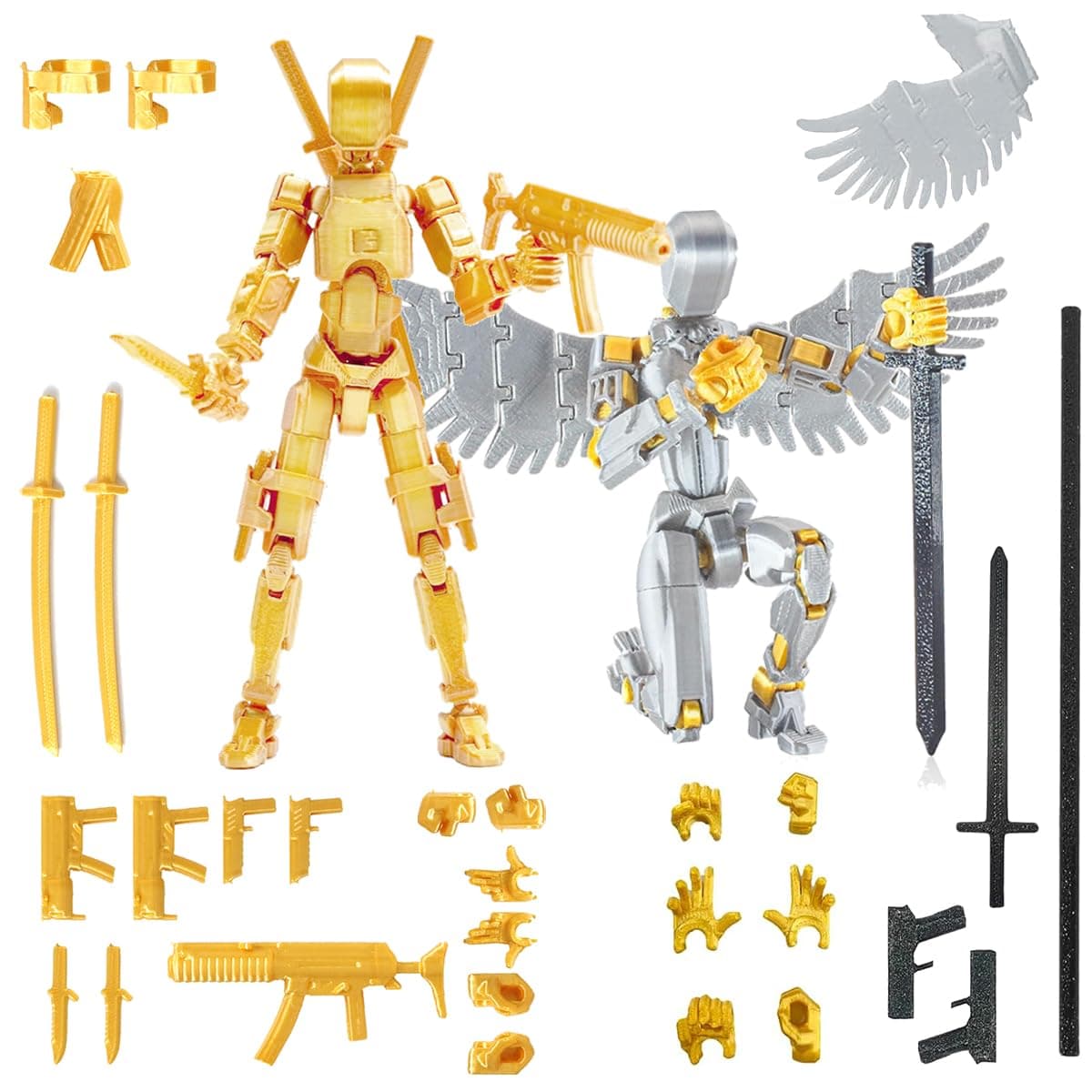 T13 Action Figure Set (Assembly Completed), 3D Printed Multi-Jointed, Titan 13 Action Figures, Multi-Articular Lucky Mobile Robot Nova T-13,Desktop Decorations for Game Lovers Toys (Gold/Sliver)