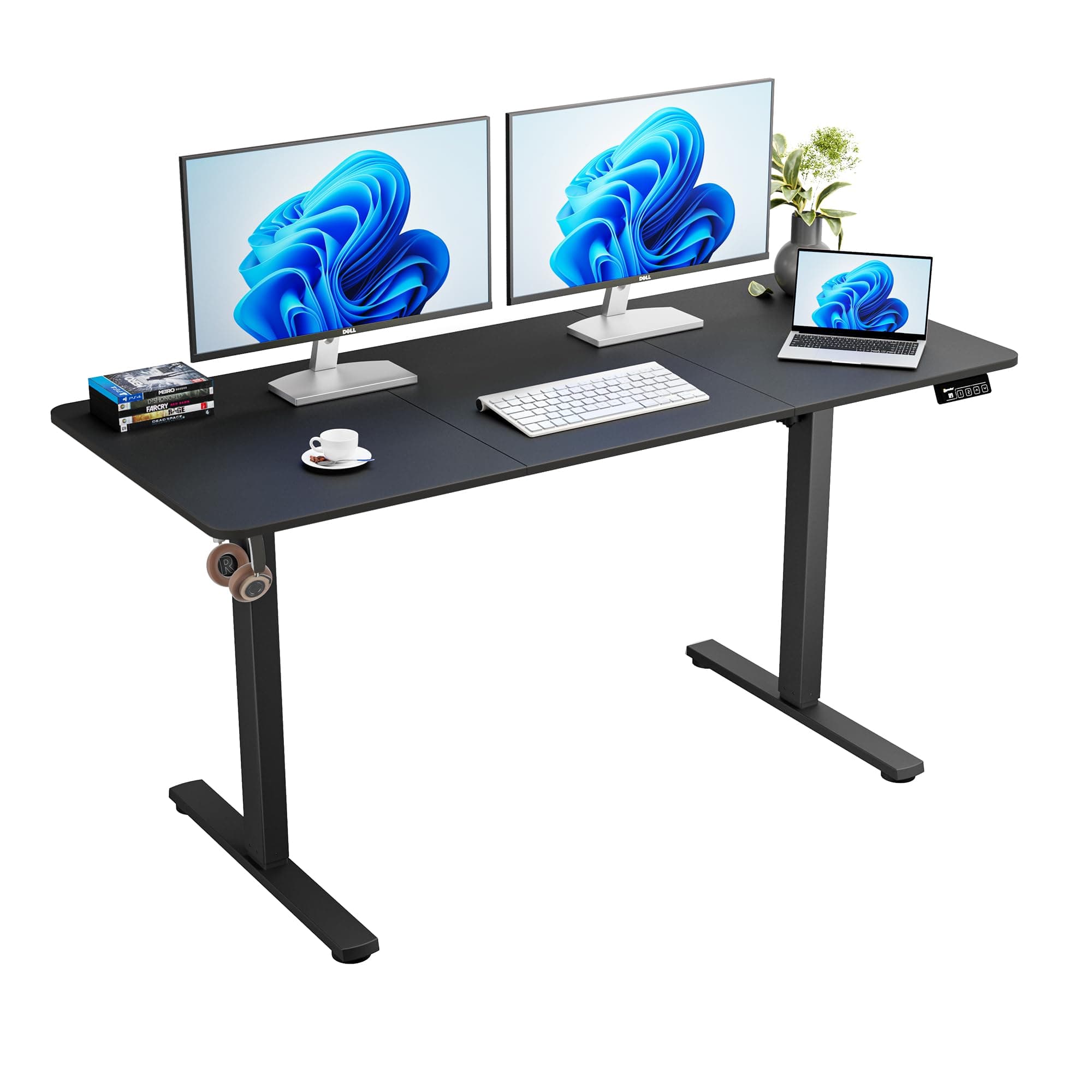 Electric Standing Desk, 55" x 23.6" Height Adjustable Sit Stand Desk with Splice Board for Home Office, Computer Table Memory Preset (Black Frame, Black Desktop)
