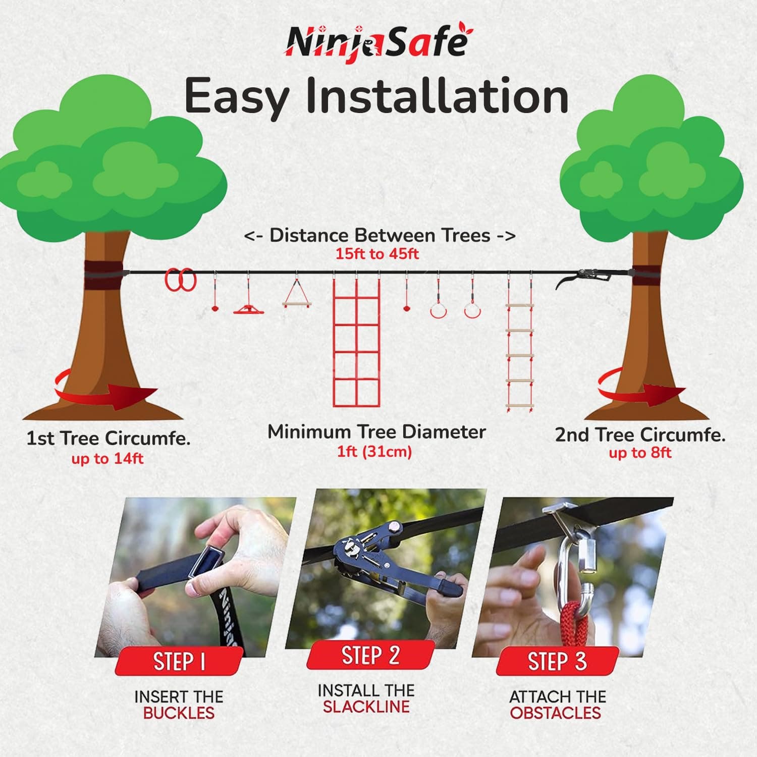 Ninja Obstacle Course for Kids Backyard - 10 Durable Obstacles and 15m Slackline - Outdoor Playset Equipment for Girls & Boys with Climbing Net & Ladder, Wheel, Warrior Gymnastics & Monkey Bars