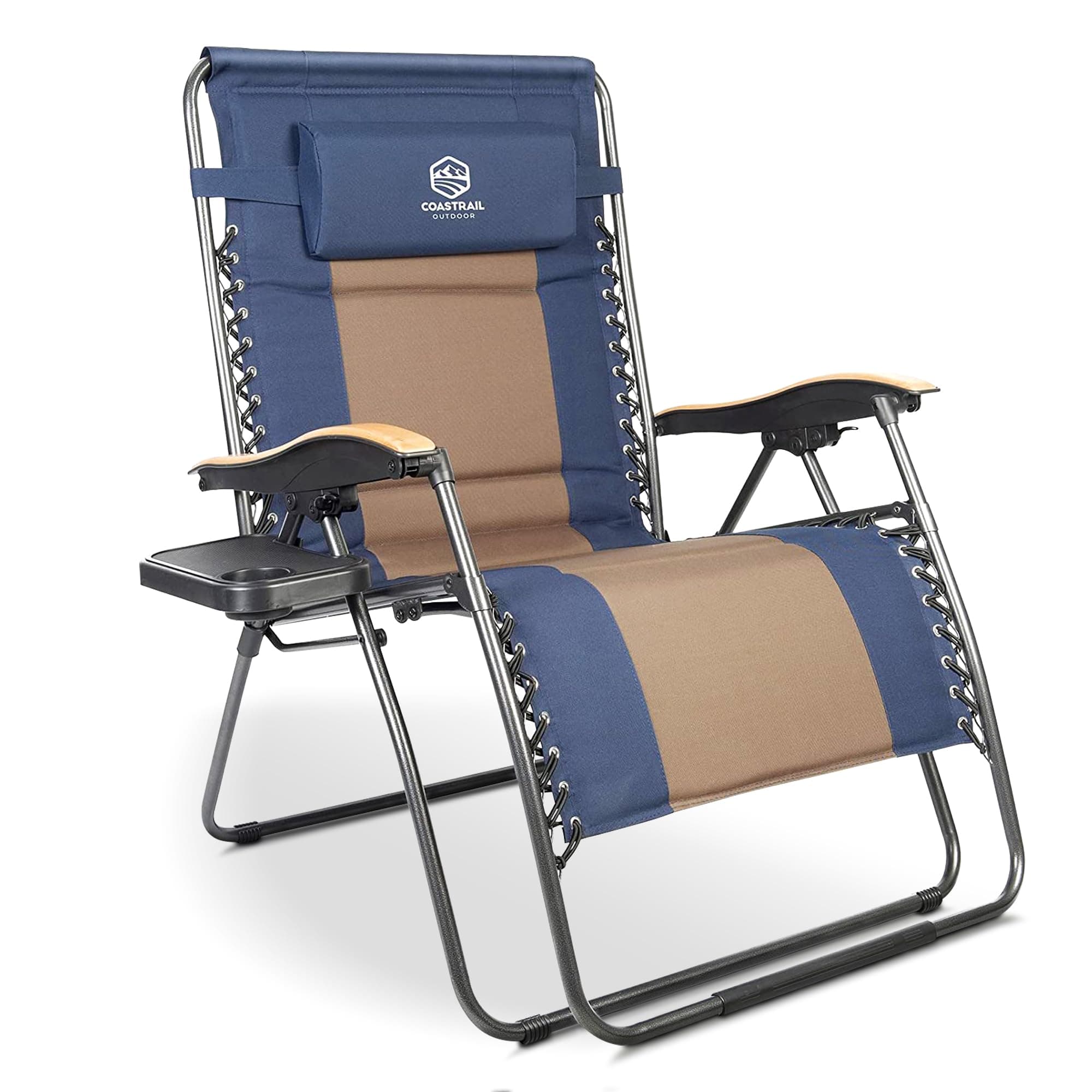 Coastrail Outdoor Zero Gravity Outdoor Camping Recliner Adjustable Oversize Folding Reclining Lounge Chair with Pillow Patio Recliner with Headrest, Side Drink Tray Dark Blue