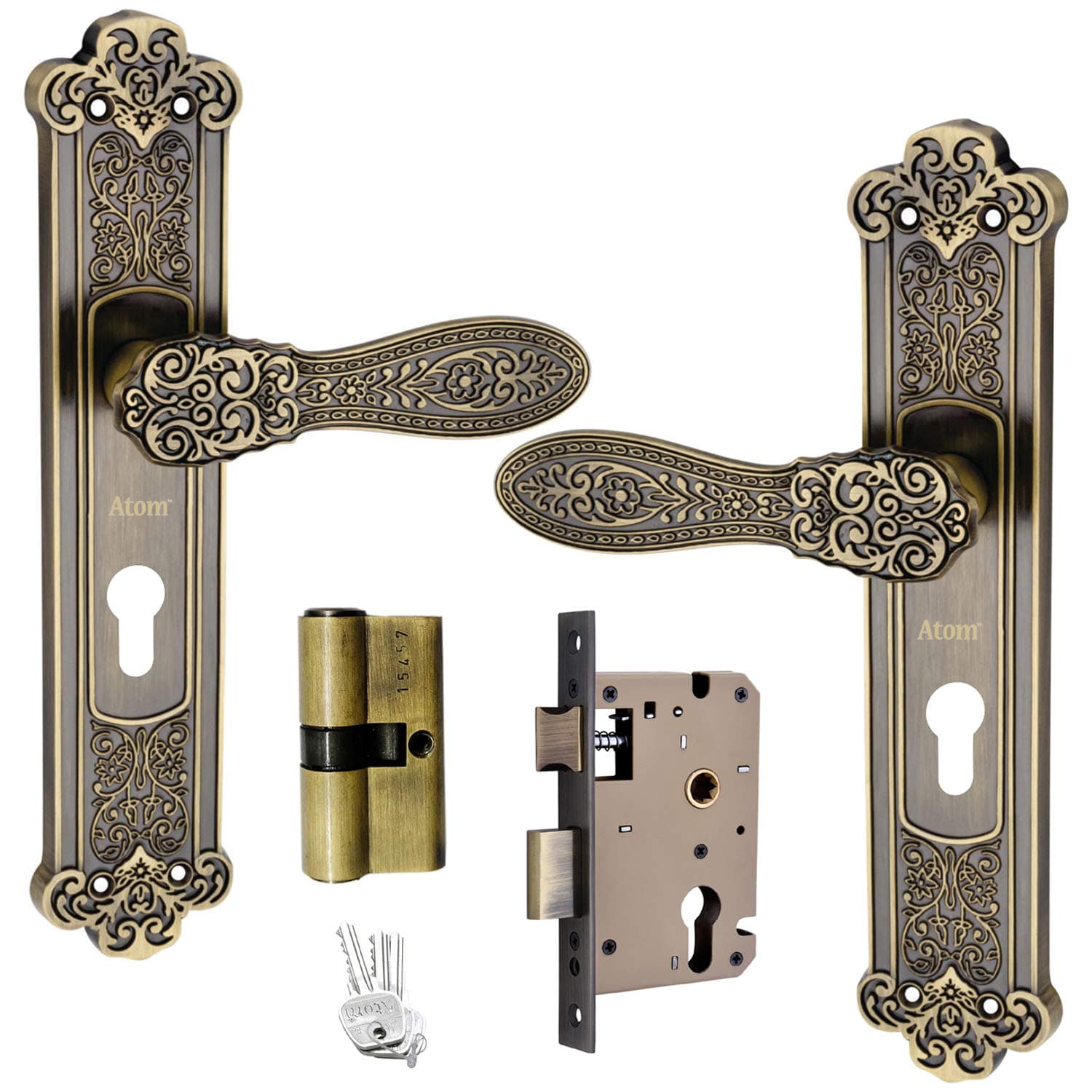 Atom Heavy Duty Mortise Door Lock with Both Sided Key for Bedroom, Living Room, Main Door, Brass Antique Finish | 3 Keys | Lockset for House Hotel Office(O49CYBSK)