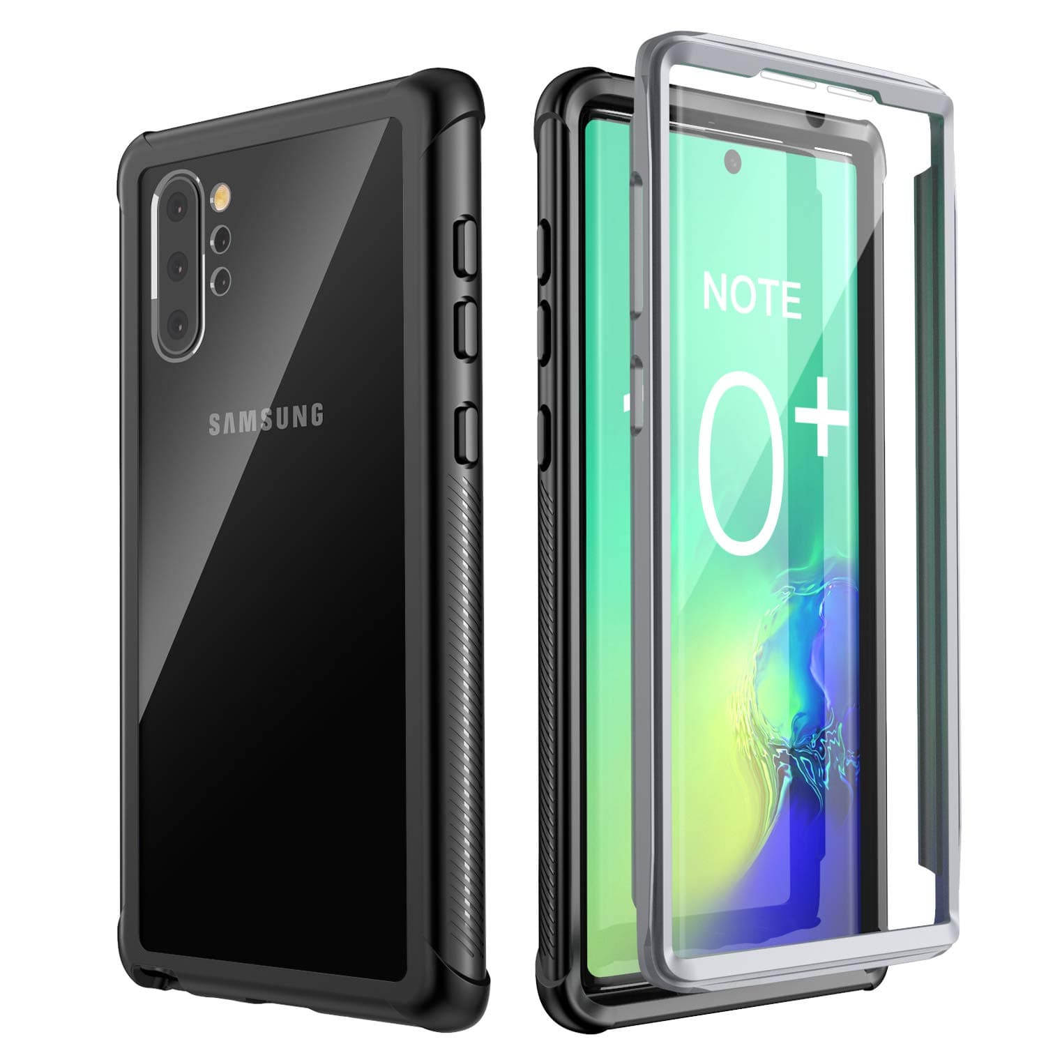 Galaxy Note 10+ Plus Case,Built-in Screen Protector Heavy Duty Shockproof Rugged Cover for Samsung Galaxy Note 10+ Plus/Note 10 Plus 5G (Black+Clear)(Fingerprint Unlock with Fingerprint Film)