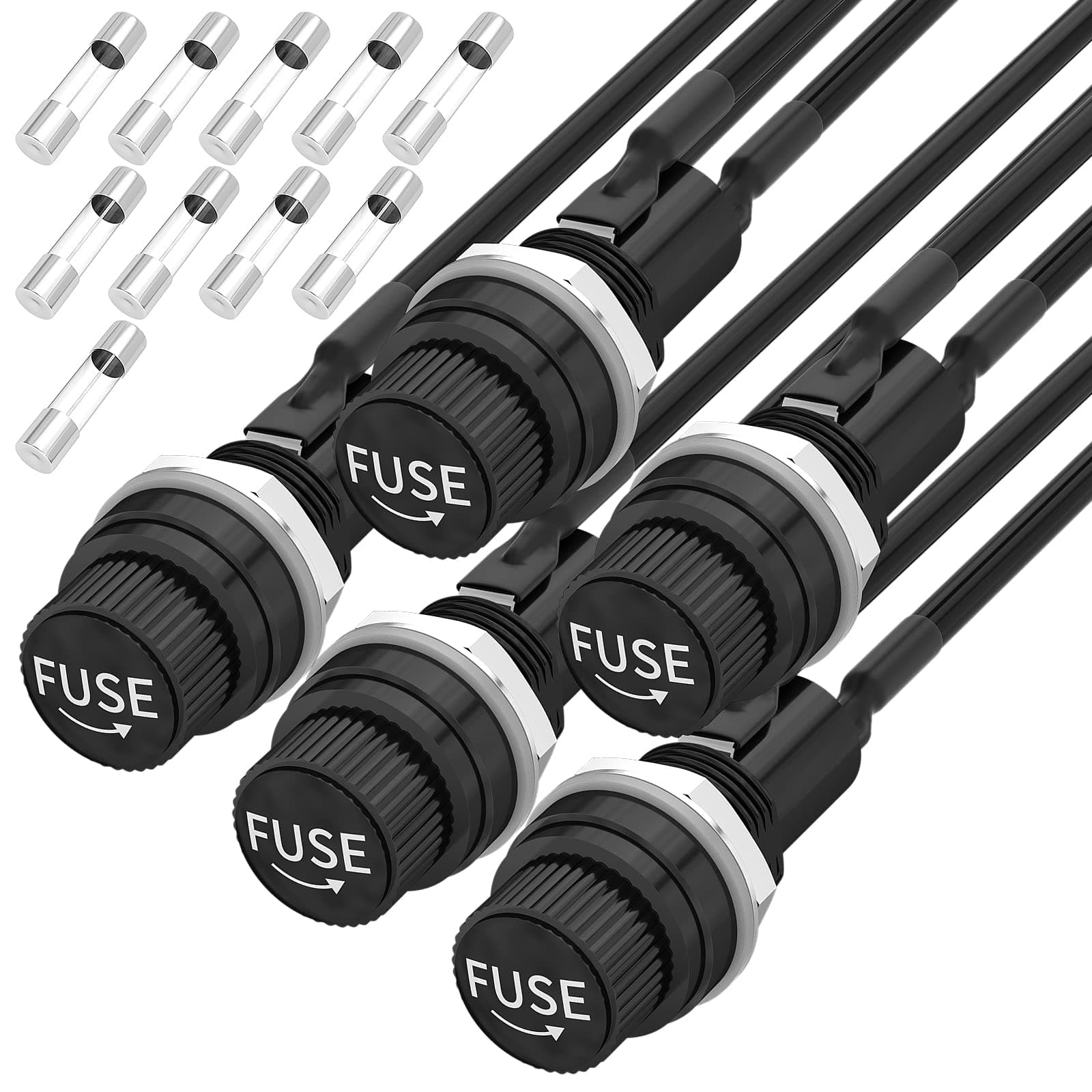 Panel Mount Fuse Holder 5x20mm 12V DC 250V AC Screw Cap Fuse Holders with Pre-Soldered Wires and Fast-Blow Glass Tube Fuses - 5Pack