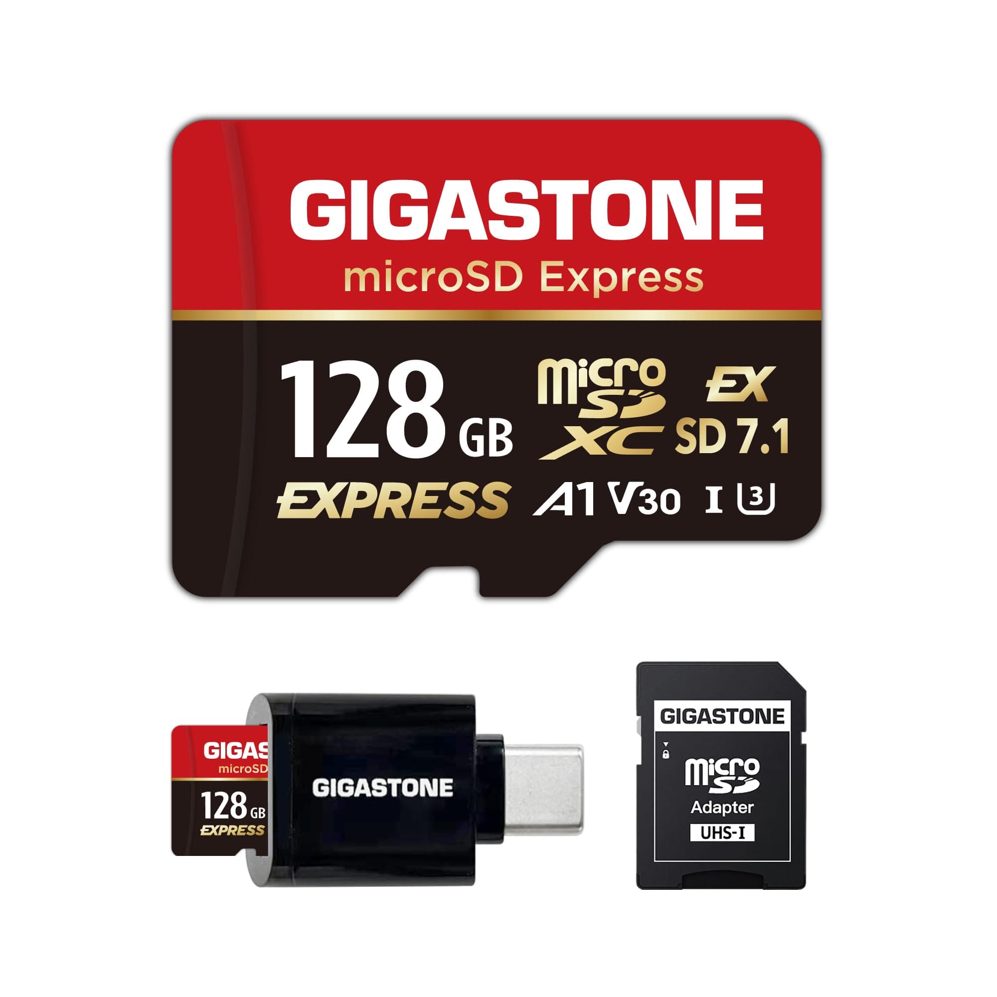 【Designed for Switch 2】 GIGASTONE 128GB microSD Express, SD 7.1 Speed up to R/W 880/500MB/s Compatible with Switch 2, Professional Camera, A1 V30, with SD Adapter and USB C Card Reader