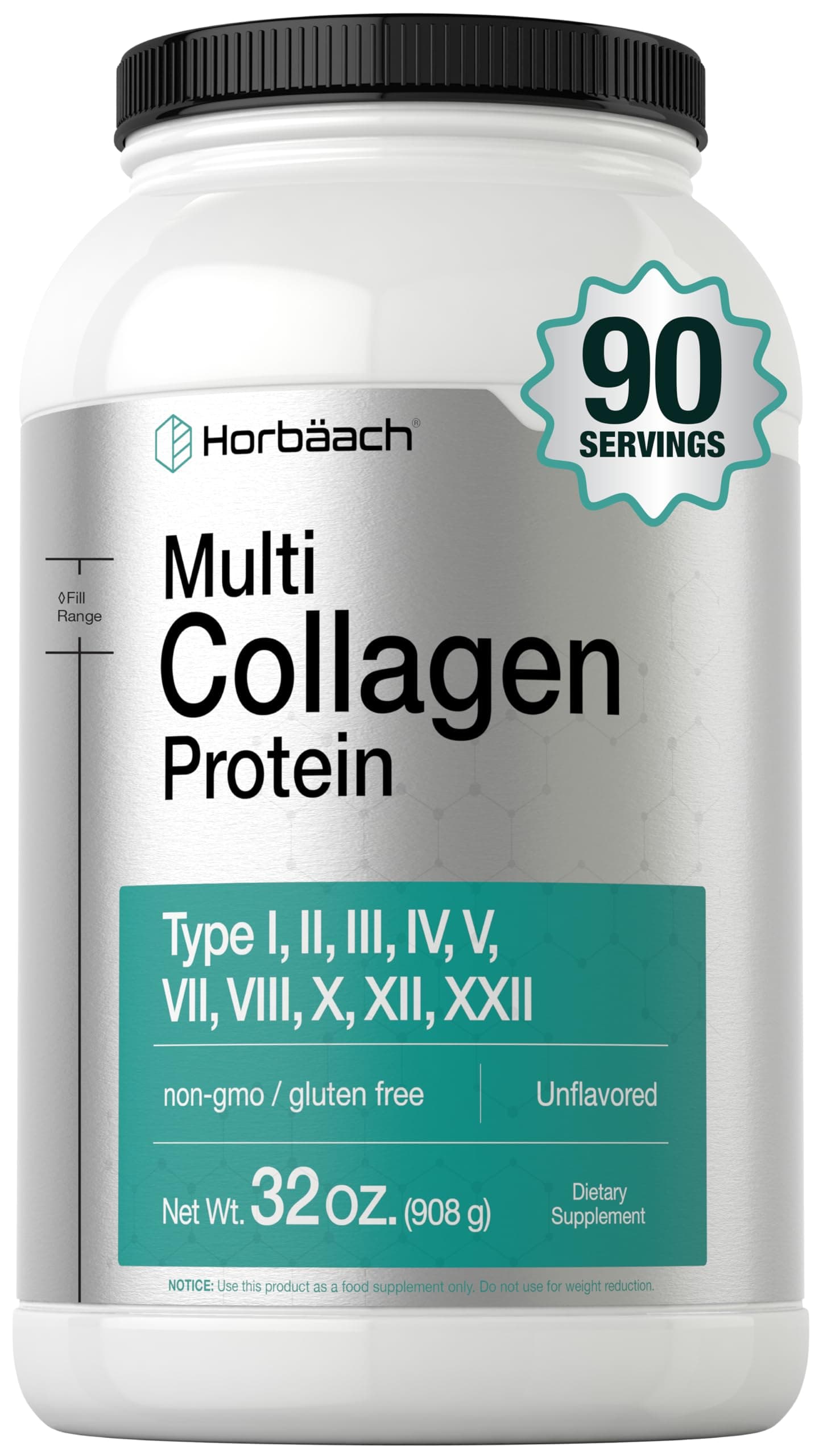 Horbaach Multi Collagen Protein Powder 32 oz | Types I, II, III, IV, V, VII, VIII, X, XII, and XXII | Grassfed Collagen Peptides | Keto & Paleo Friendly | Unflavored & Gluten Free