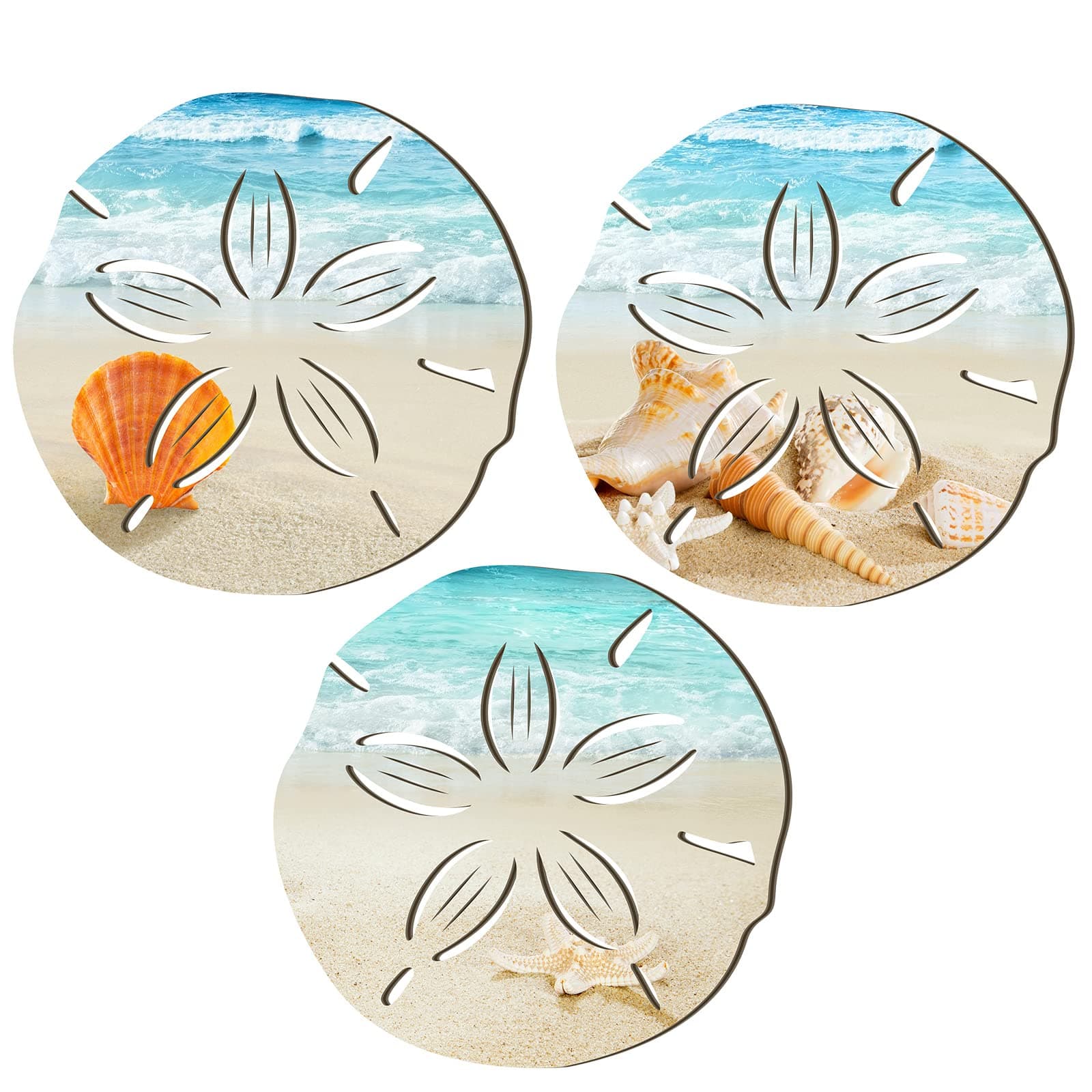 3 Pcs Summer Coastal Wall Decor Bathroom Beach Blue Wall Art Sea Turtle Surfboard Seahorse Starfish Seashell Conches Crabs Sea Life Decor for Bedroom Home (Sand Dollar Style)