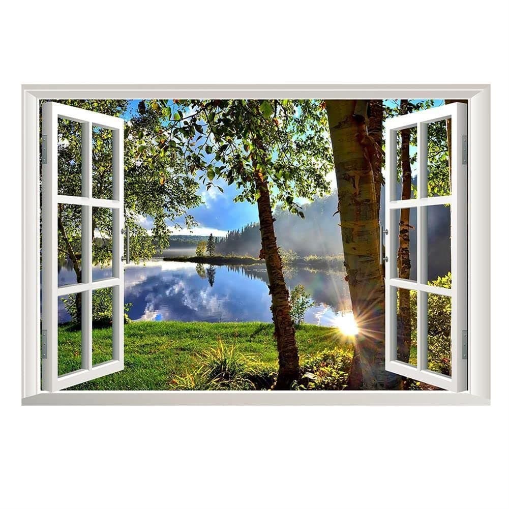 Lichi Realistic 3D Lakeside Wall Sticker, Peel & Stick Window Art Decal, Lake Forest View Nature Landscape, Self Adhesive Decoration, Mural for Bedroom Bathroom Living Room, Removable Wallpaper Decor