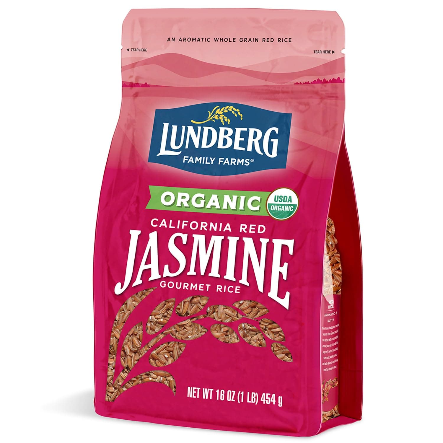 Lundberg Organic Red Jasmine Rice, Long Grain Red Rice - Non-Sticky, Fluffy Aromatic Rice, Organically Grown in California, Pantry Staples, 16 Oz