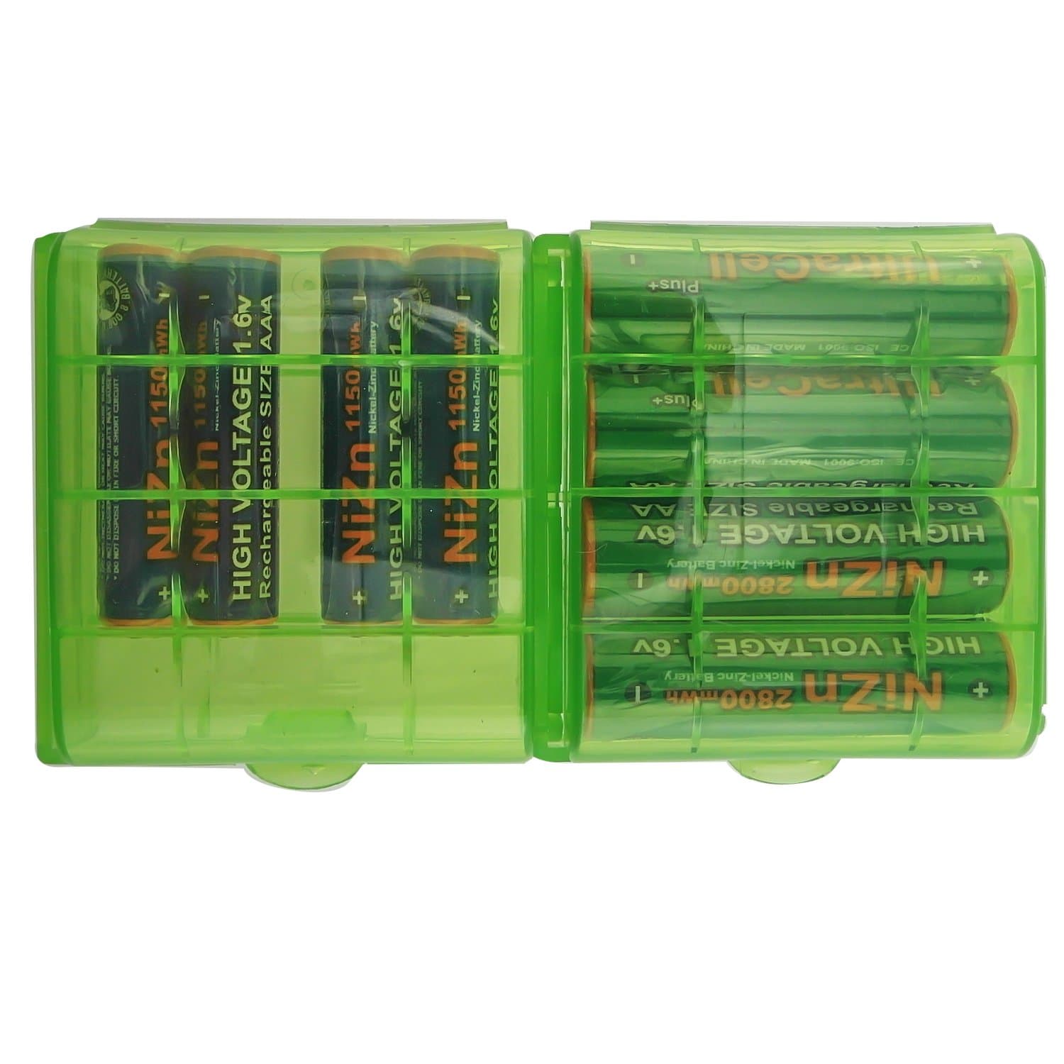 Plus NiZn 1.6v AA - 2800mWh, AAA - 1150mWH High Voltage Rechargeable Batteries With Battery Storage Box (Combo for 4pcs AA, 4pcs AAA, 2pcs Green Battery Boxes)