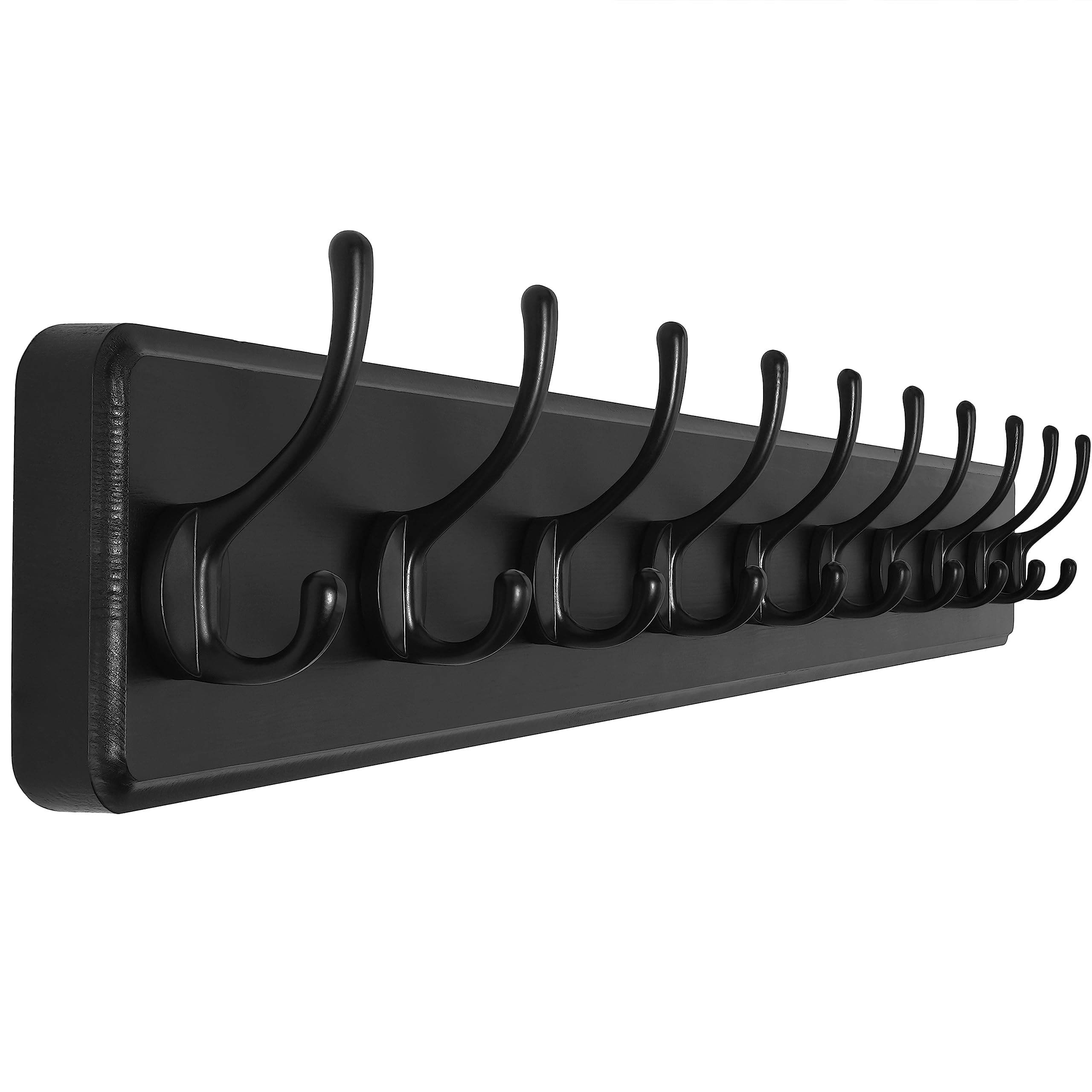 Large Black Wall Mounted Coat Rack - 38.6'' Long Coat Rack for Wall, Pine Solid Wood Coat Hook Hanger - 10 Hooks for Hanging Clothes Backpack Coats