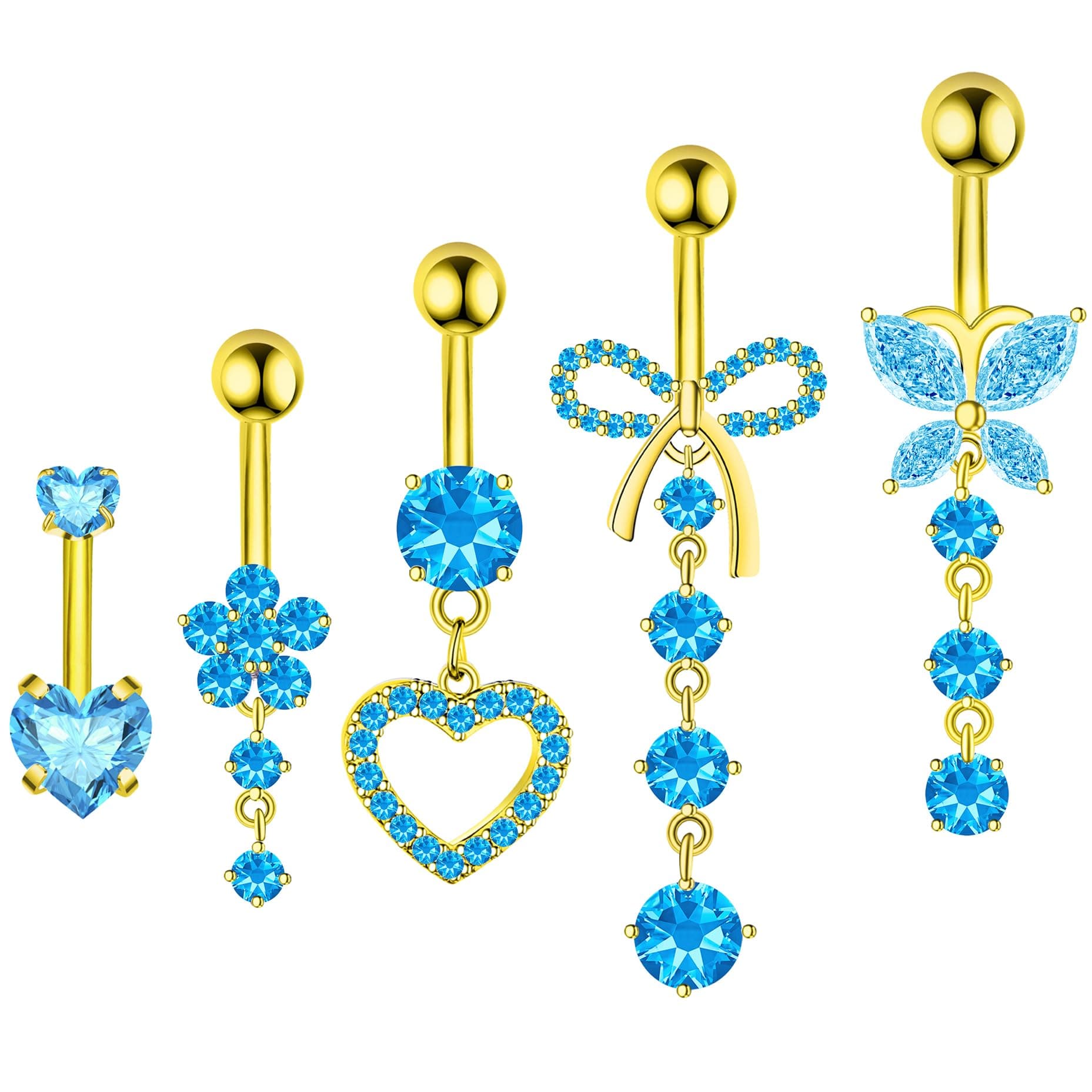 Belly Button Ring Dangle Navel Belly Piercing Jewelry Cute Pink CZ Heart Butterfly Bow Flower Navel Belly Rings for Women 14G Silver Stainless Steel Dainty Dangly Dangling Belly Button Piercing