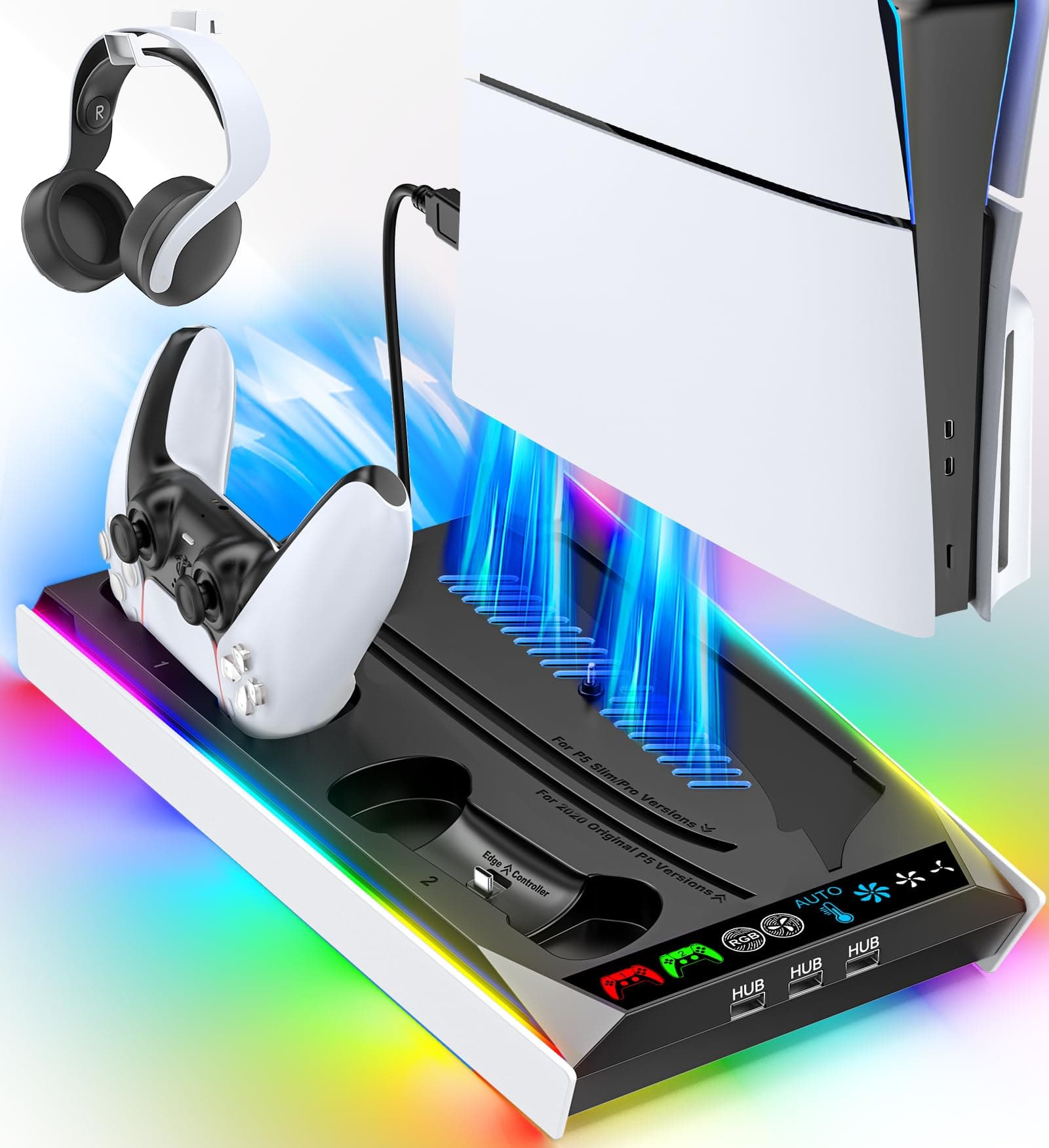 2023 Model PS5 Silm/PS5 Vertical Stand with Cooling Fan, 3 Adjustable Wind Speeds, Playstation 5 Stand, PS5/PS5 Silm Controller, Edge Charger, Dock, RGB Light, 2 Devices Simultaneously Charging, PS5 Slim/PS5 Accessories, PS5 Disc to Digital