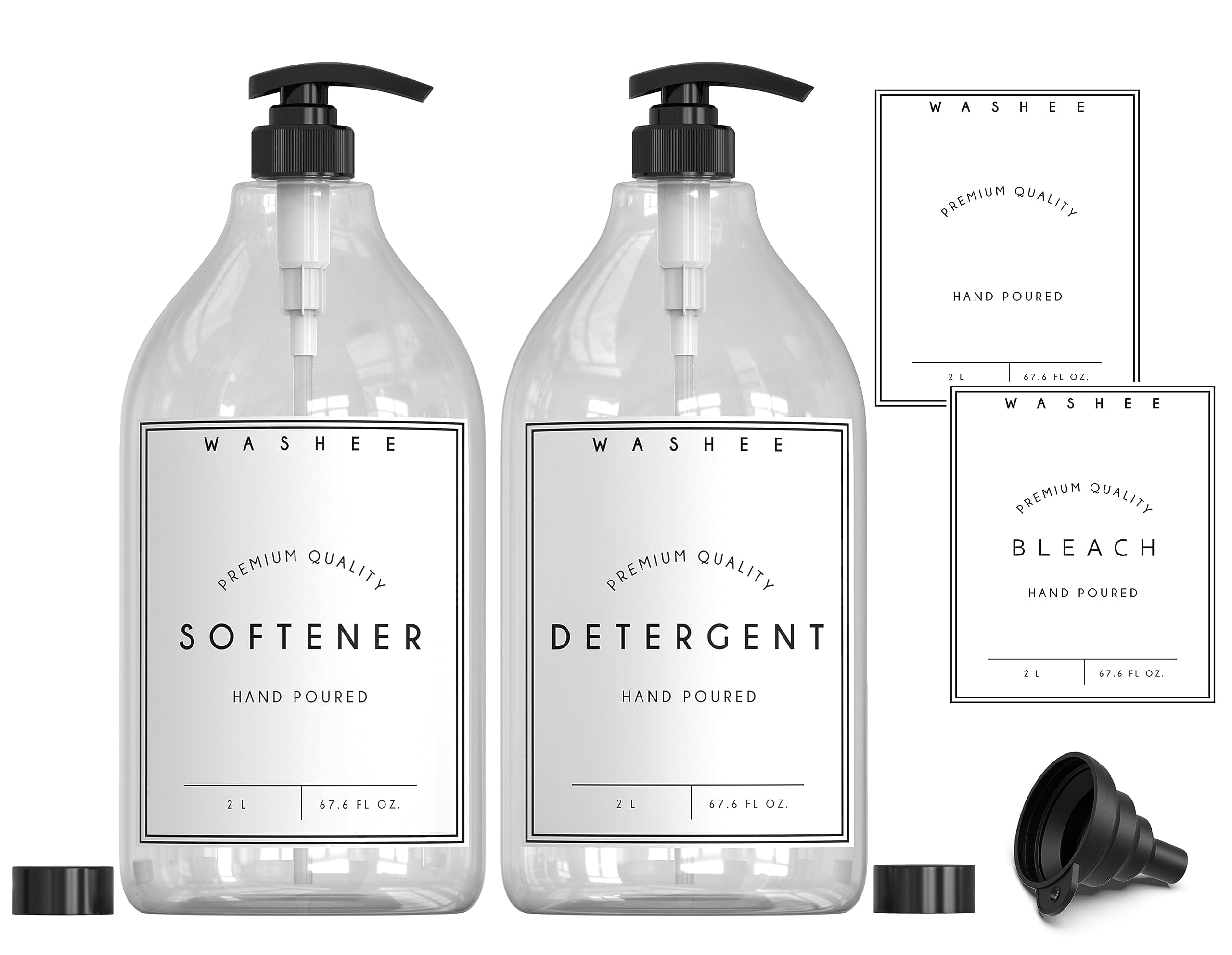 Liquid Laundry Detergent Dispenser Set - Holder & Softener (67.6 Oz) 2 Thick Plastic Dispensers For Organization With Pumps, Caps, Labels