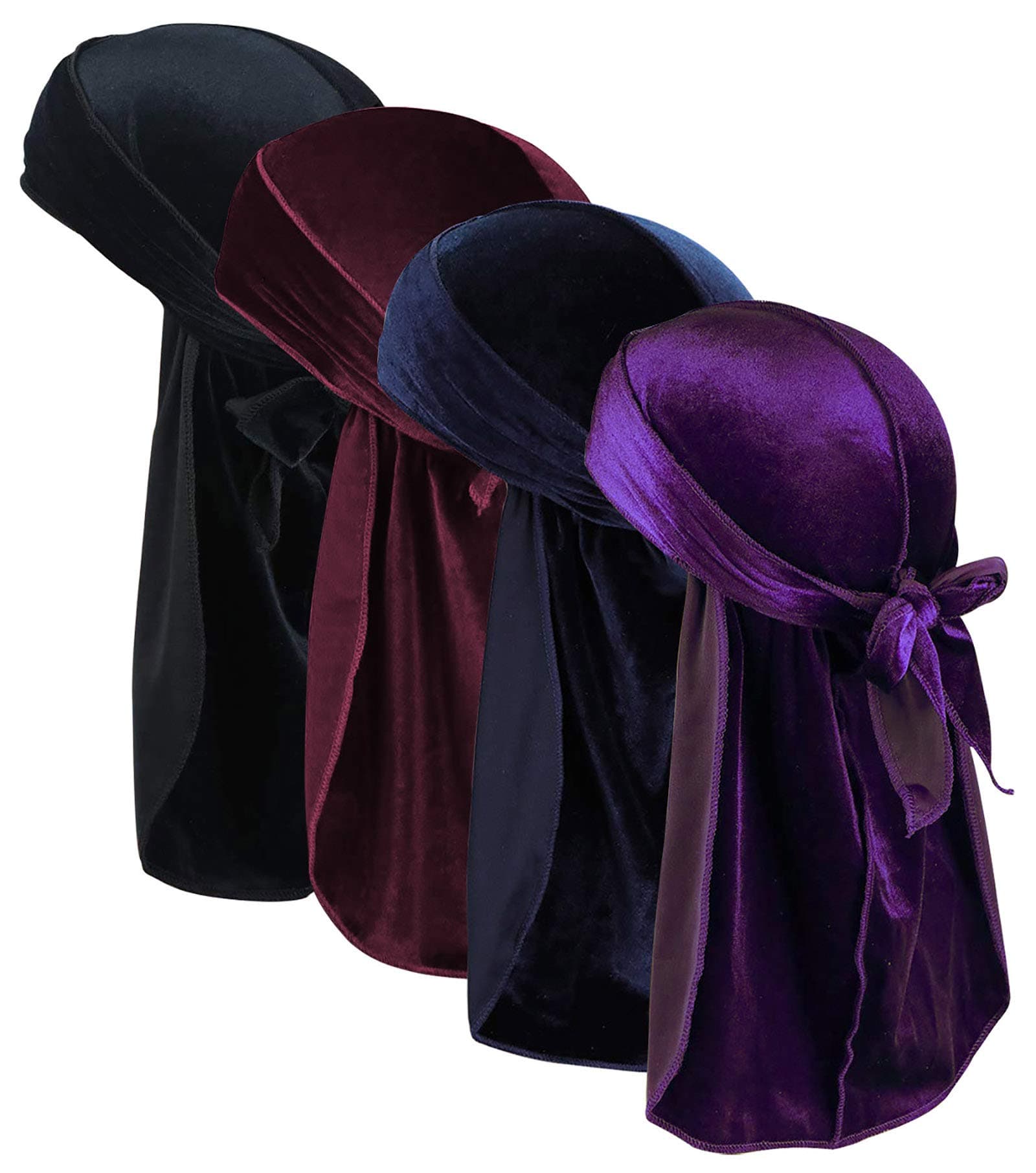 Velvet Durags for Men Waves, 4 Pair, One Size Fit Most, Durag Velevt-Black+Navy blue+Wine+Purple