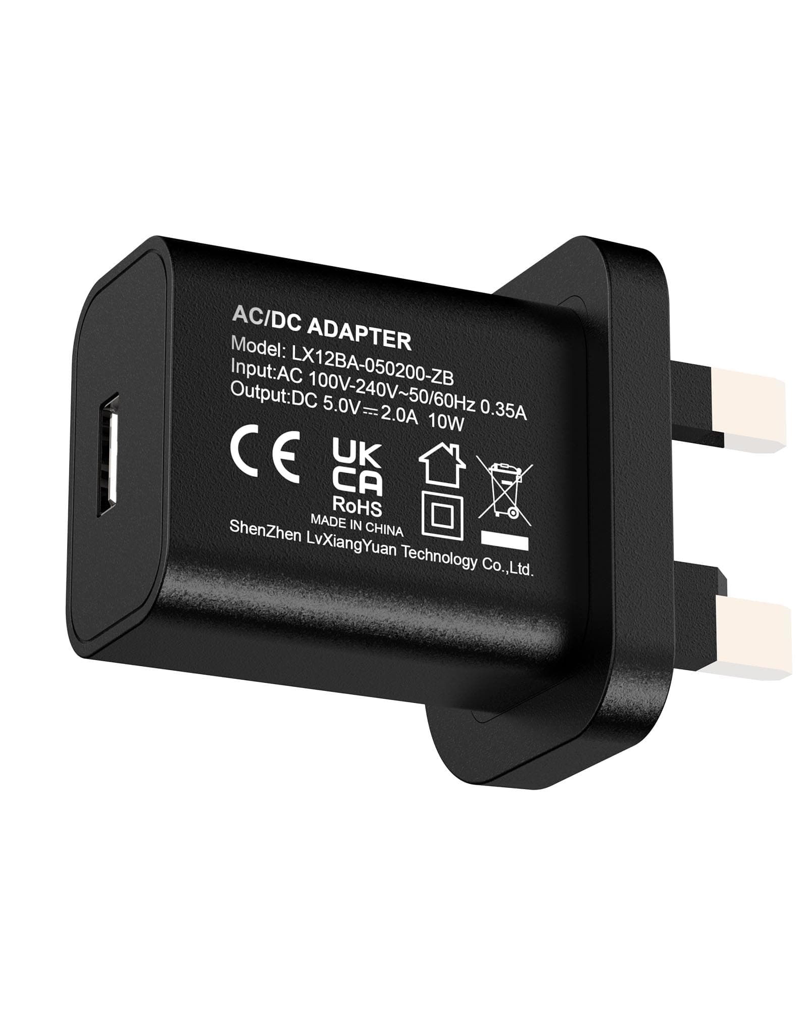 5V 2A 10W Black USB Charger, UK USB Plug, USB-A Output, 100V-240V Input, for Phone, Tablet, Speakers