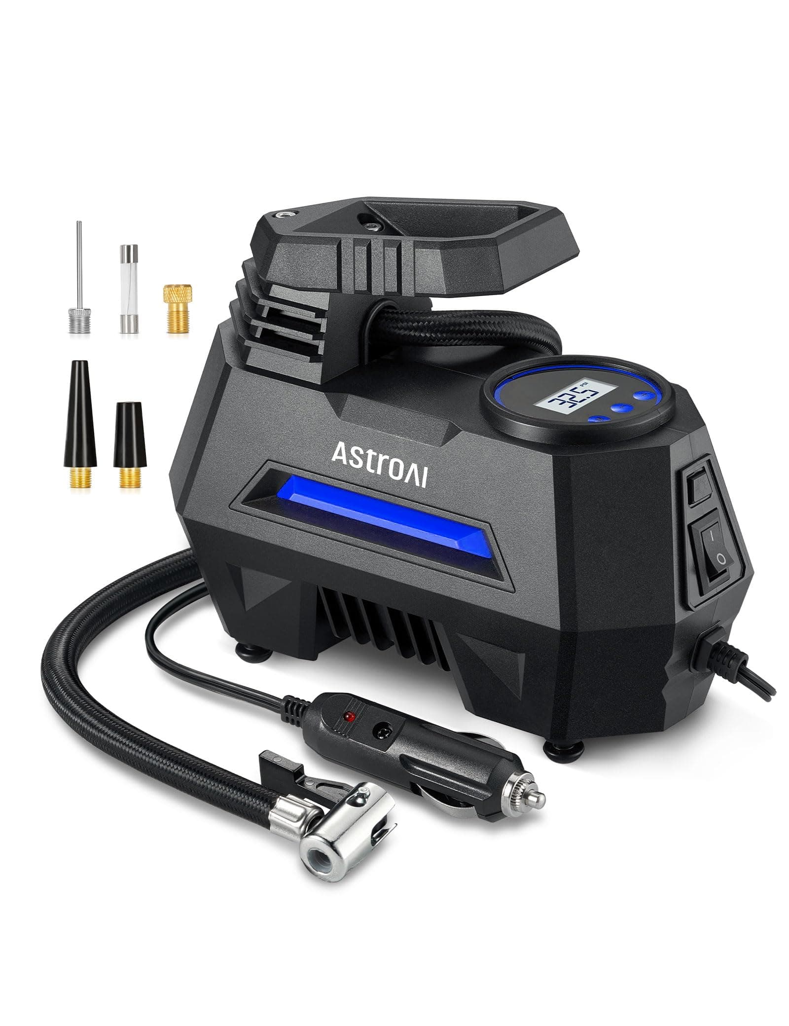 AstroAI Tyre Inflator Air Compressor 12V DC, 35LPM 100W Powerful Portable Car Tyre Pump Auto-Stop with Digital Pressure Gauge, 4 Valve Adaptors and LED Light, Car Accessories