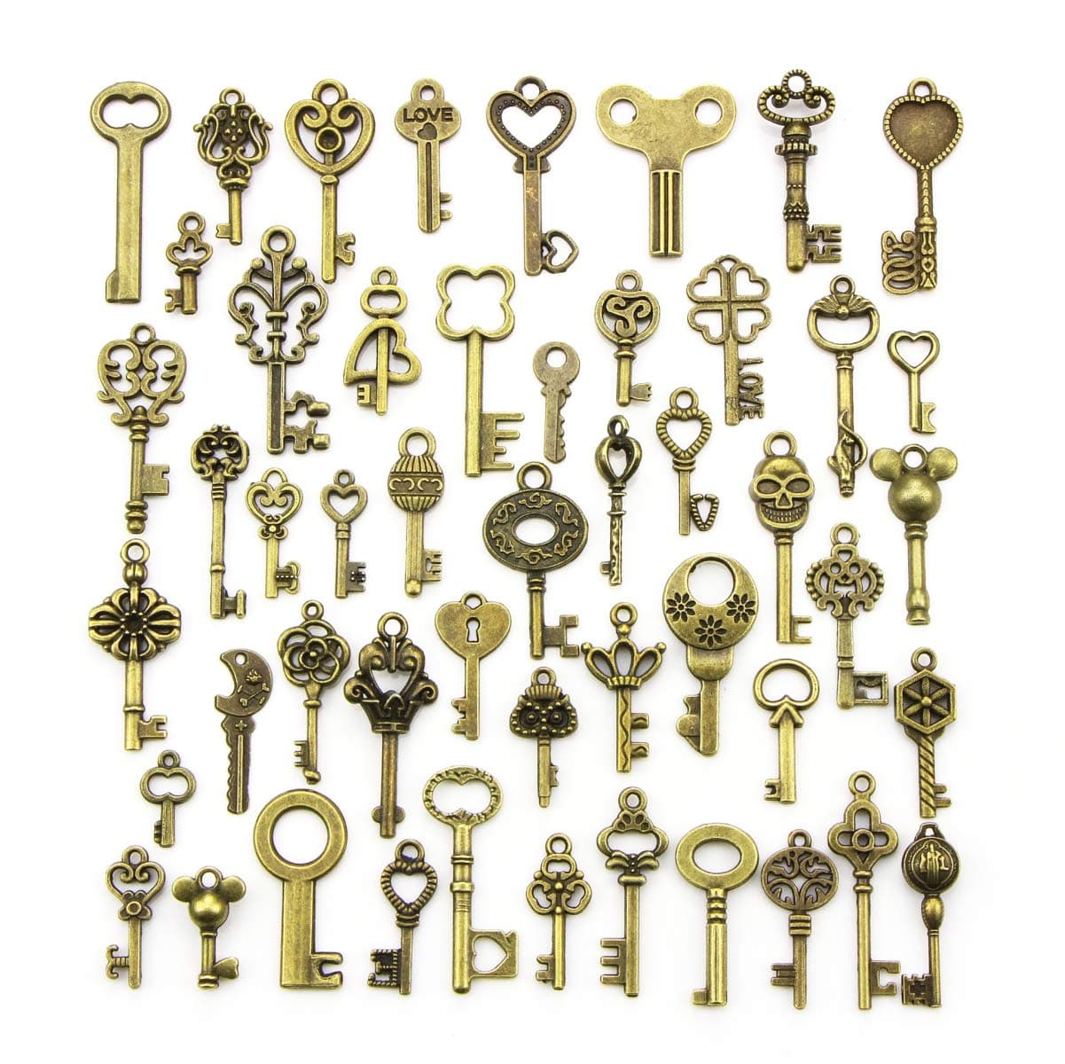 Antique Bronze Keys Charm Pendants Set Random Shapes & Sizes Skeleton Key Charms Handmade Accessories for DIY Jewelry Making Bracelet Necklace(50PCS)