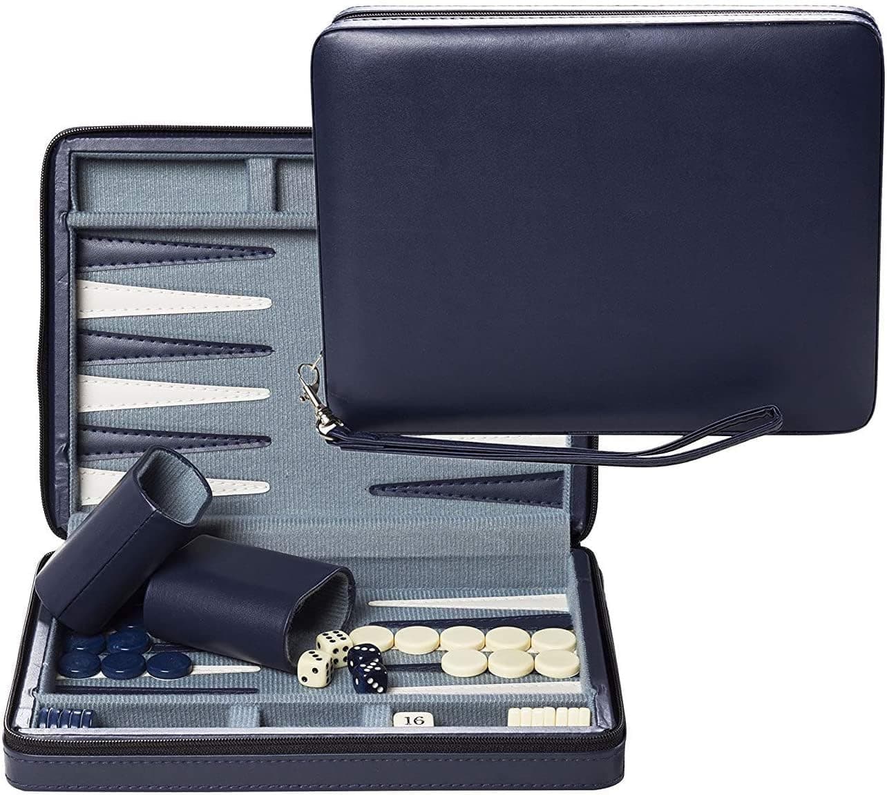 We Games Navy Blue Magnetic Backgammon Set with Carrying Strap Travel Size