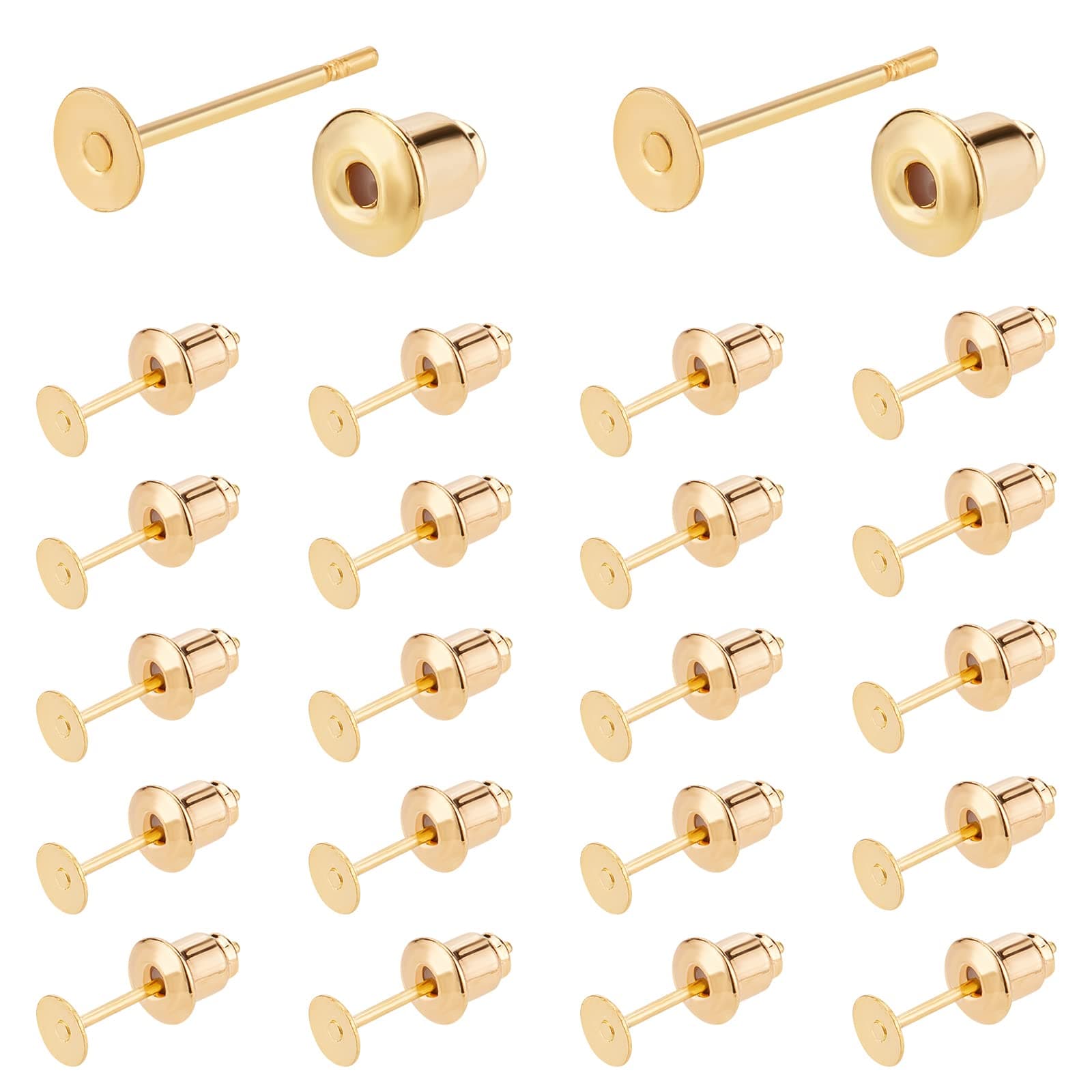 BENECREAT 50PCS 18K Gold Plated Flat Earring Studs with Ear Nuts for DIY Earring Jewelry Making
