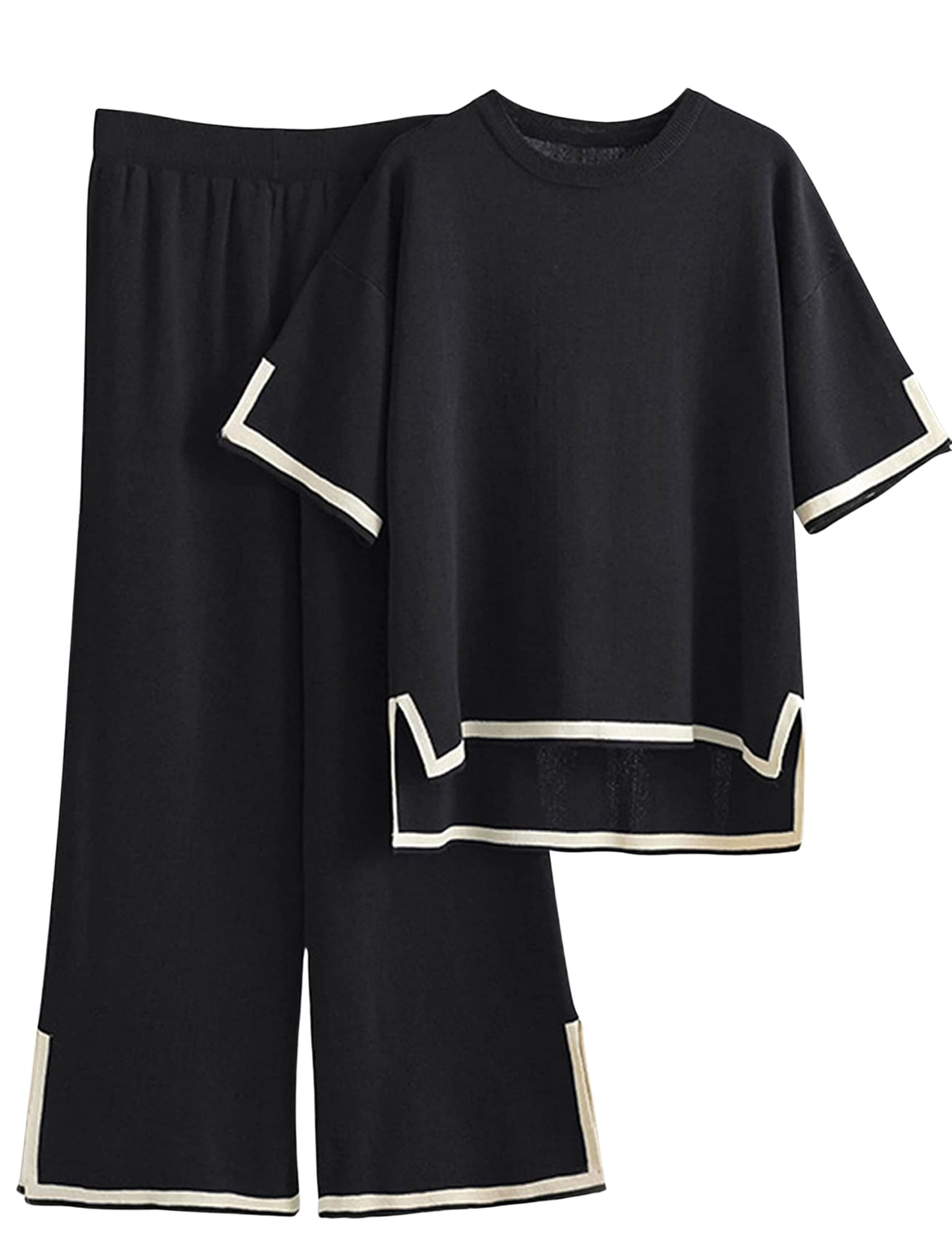 Sweater Sets Women 2 Piece Lounge Sets Short Sleeve Knit Pullover Tops Wide Leg Pants