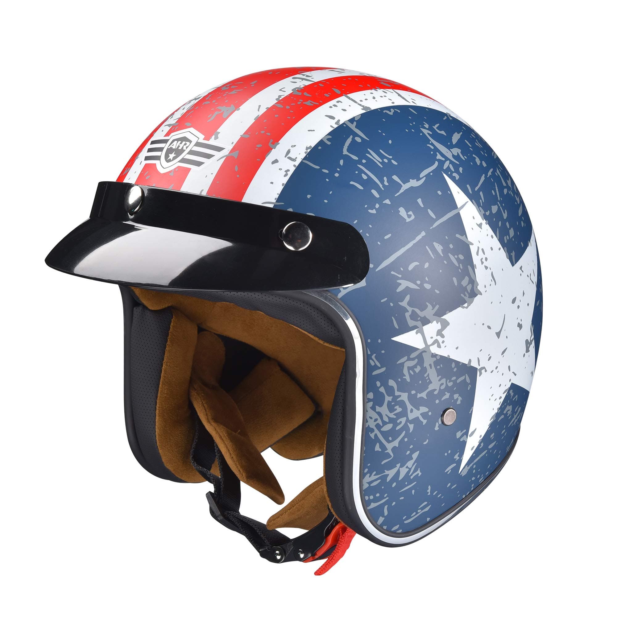 AHR Run-O5 3/4 Open Face Motorcycle Helmet with Visor Retro Vintage Moped Bobber Scooter Cruiser Helmet for Men Women DOT ,Patriotic Flag Style