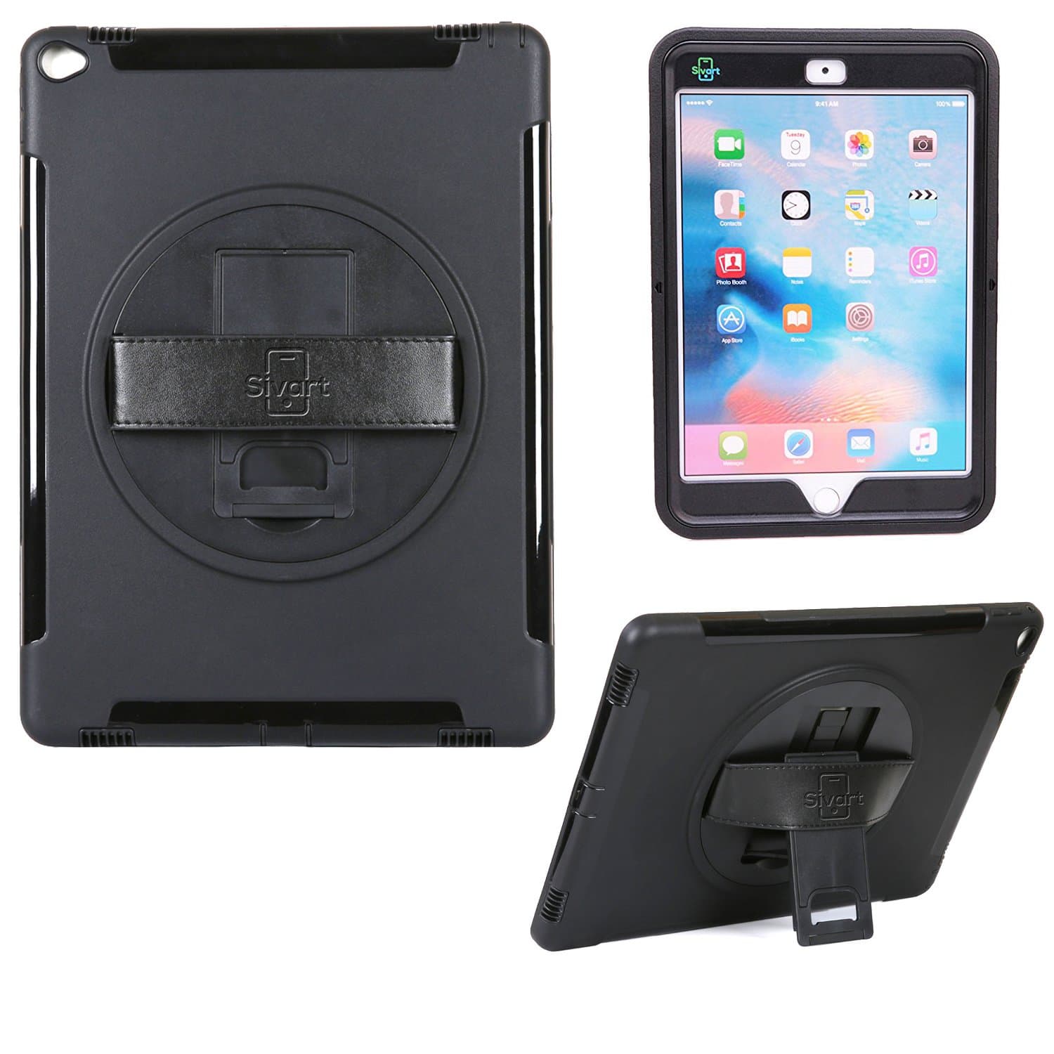 Sivart Travel Case for iPad Pro 12.9 (2015 Model) | Extreme Heavy Duty Protection with Built-in Rotating 360 Degree Hand Strap and Kickstand.