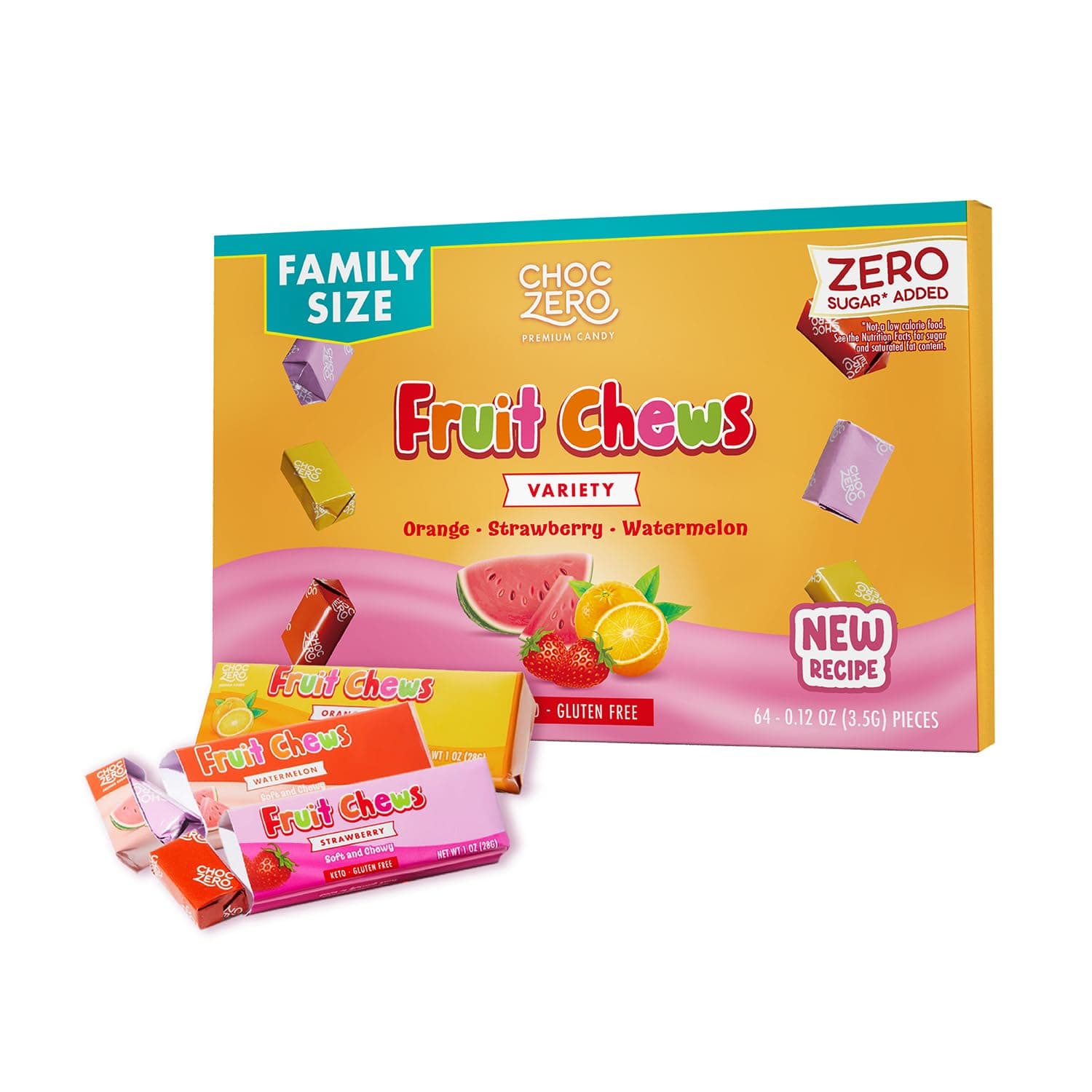 Sugar Free Fruit Chews, Low Carb Keto Friendly Taffy Candy, No Sugar Alcohols, High Fiber, Gluten Free, Orange Strawberry Watermelon, 8 oz Box