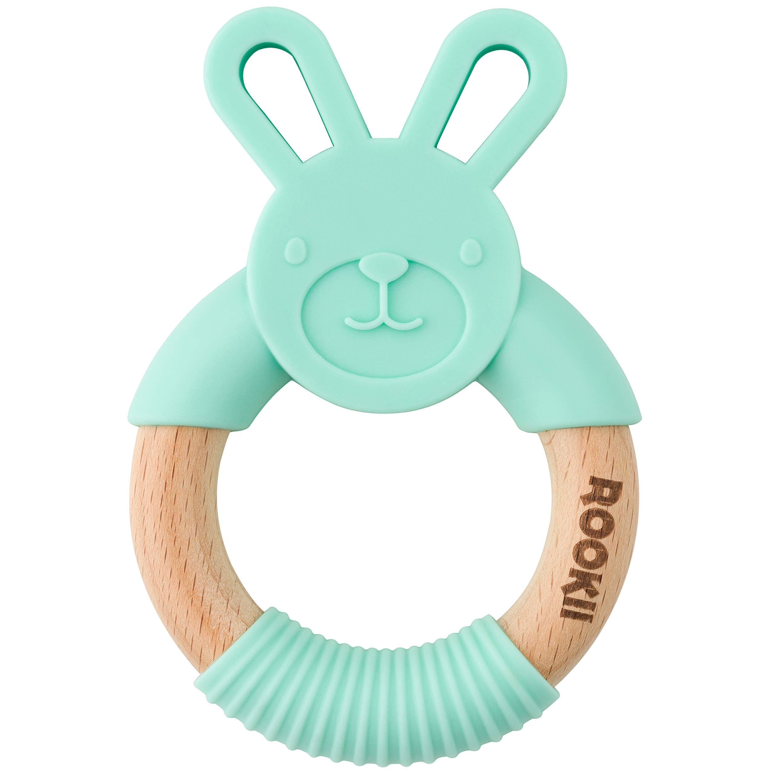 Rookii Natural Beech and Silicone Bunny Teething Ring | Eco Friendly | Fun | Soothe Baby’s Sore Gums | Promote Fine Motor Skills | (Green)
