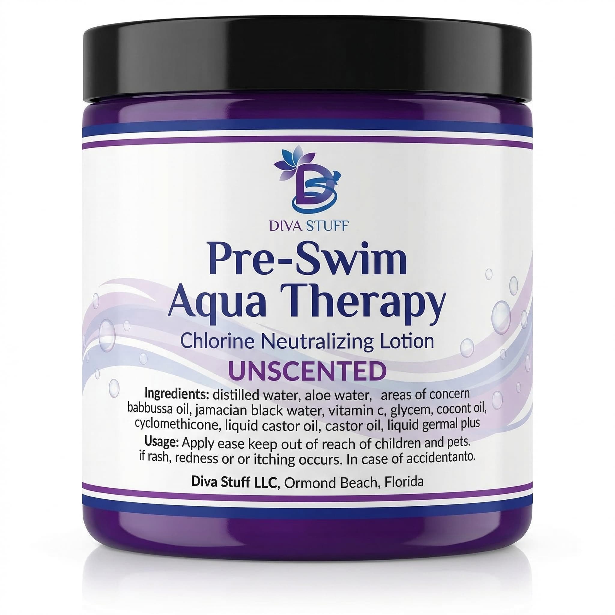 Diva Stuff Pre-Swim Aqua Therapy Chlorine Neutralizing Body Moisturizing Lotion for Swimmers, Protects Skin from Chlorine & Salt Water, 8 oz - Made in the USA, Unscented