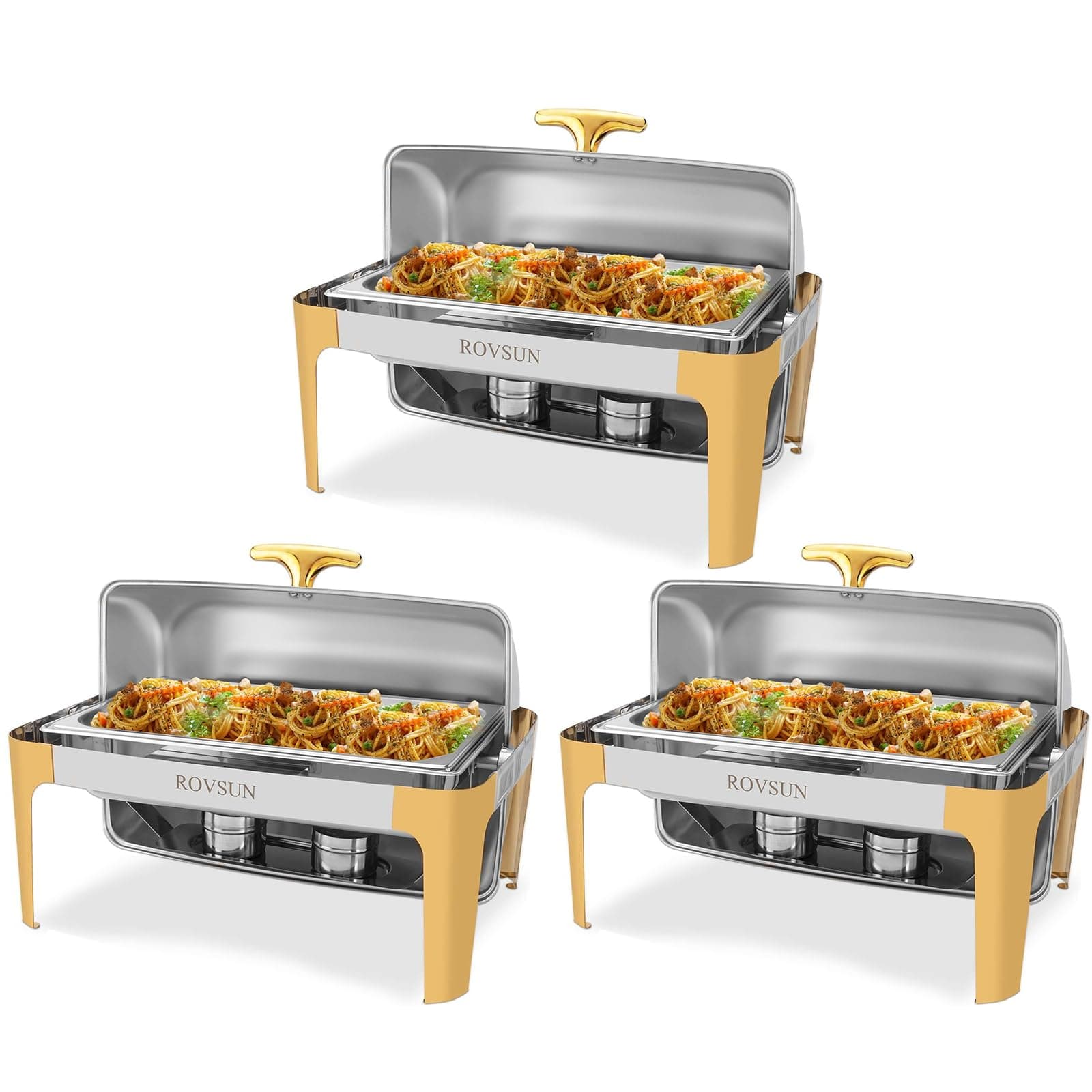 ROVSUN 3 Packs Roll Top Chafing Dish Buffet Set Gold Accent,NSF 9 Quart Rectangular Stainless Steel Chafer, Buffet Servers and Warmers Set Warming Tray for Wedding, Parties, Banquet, Catering Events