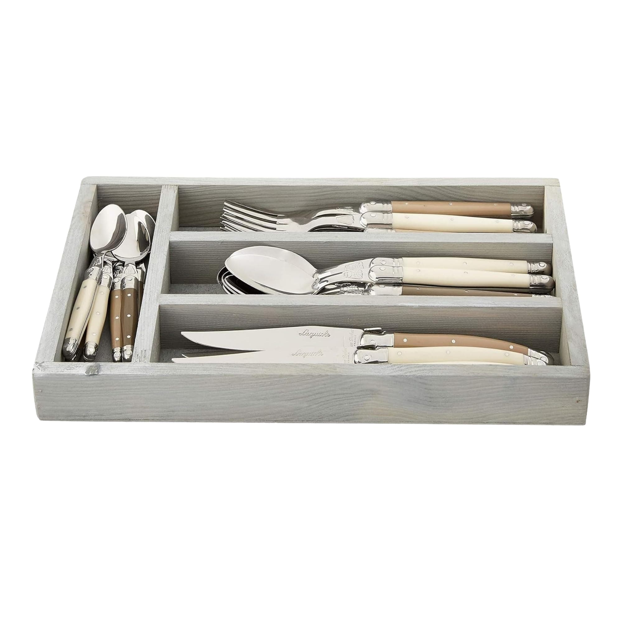 Laguiole 24-Piece Everyday Flatware Set, Linen Handles - Rust-Resistant Stainless Steel - Includes Wooden Tray - Made in France
