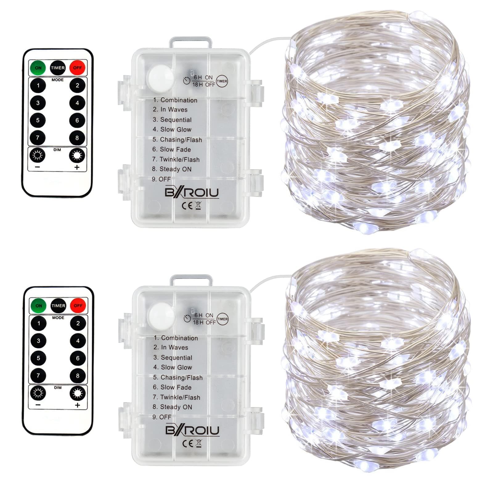 2 x Fairy String Lights Battery Operated, Silver Wire 8 Mode Chains 5 Meters 50 LEDs Timer String Lights with Remote Control for Bedroom Christmas Party Wedding Decoration (Cool White)