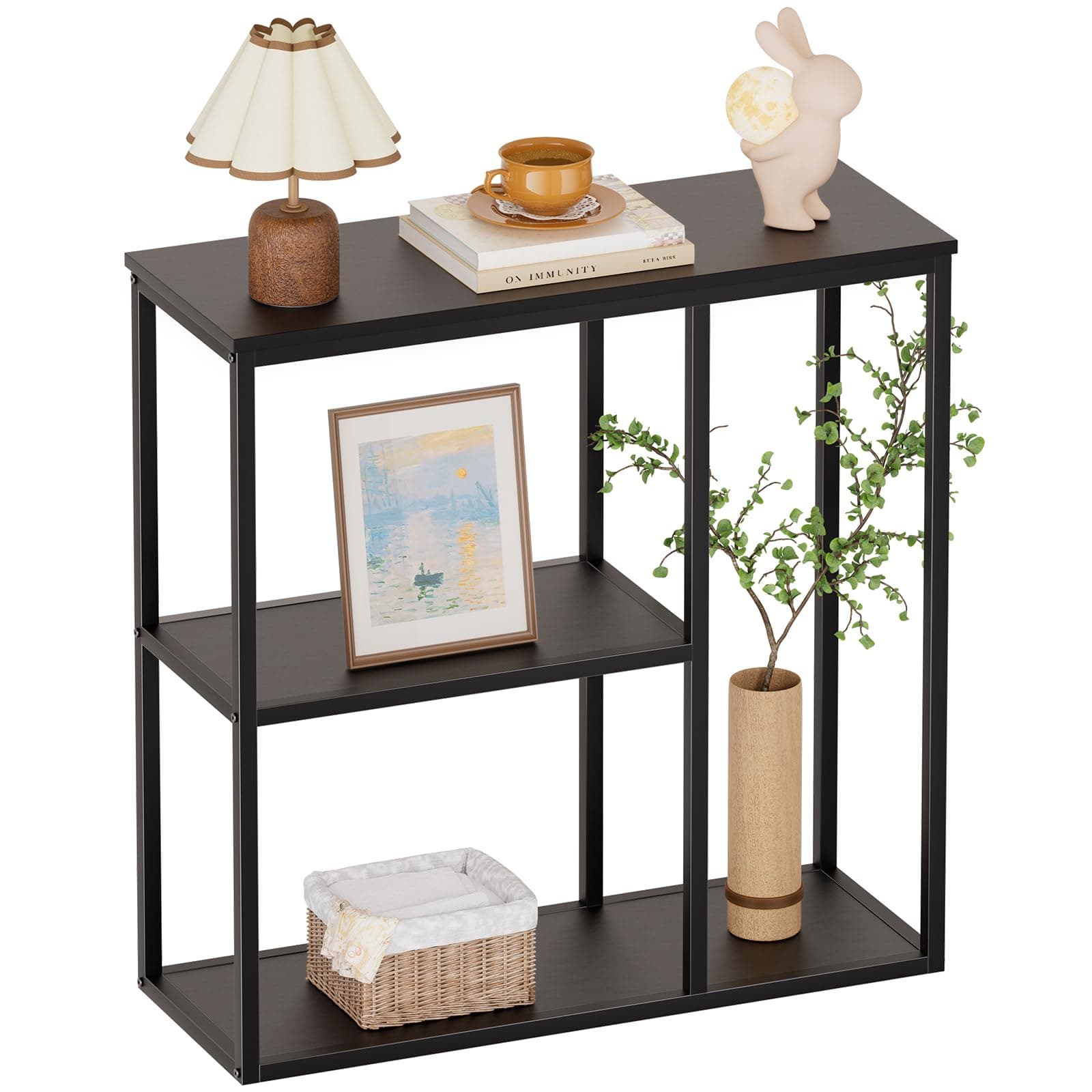 WOHOMO Console Table, 12'' Narrow Entryway Table for Living Room, 31.5'' x 31.5'' Black Industrial Sofa Table with 3-Tier Storage Shelves for Corridor, Hallway, Black