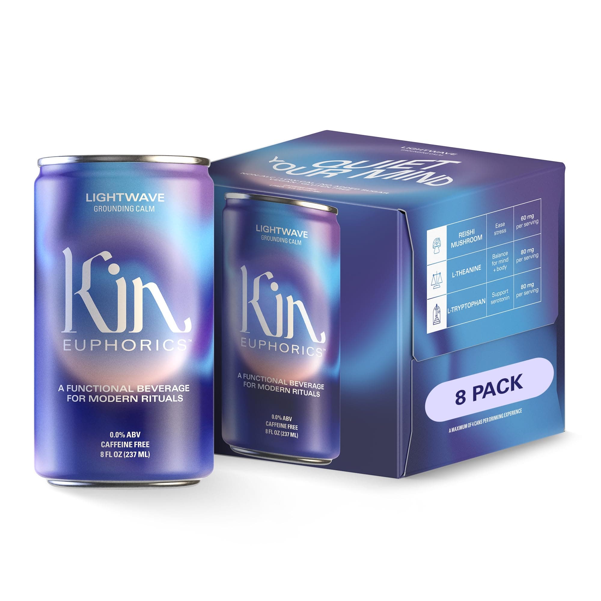 Kin Euphorics Lightwave Non-Alcoholic Functional Beverage | Calm the Mind & Mellow the Mood | Adaptogens, Nootropics, Reishi Mushroom & L-Theanine | 8 Fl Oz (8pk)