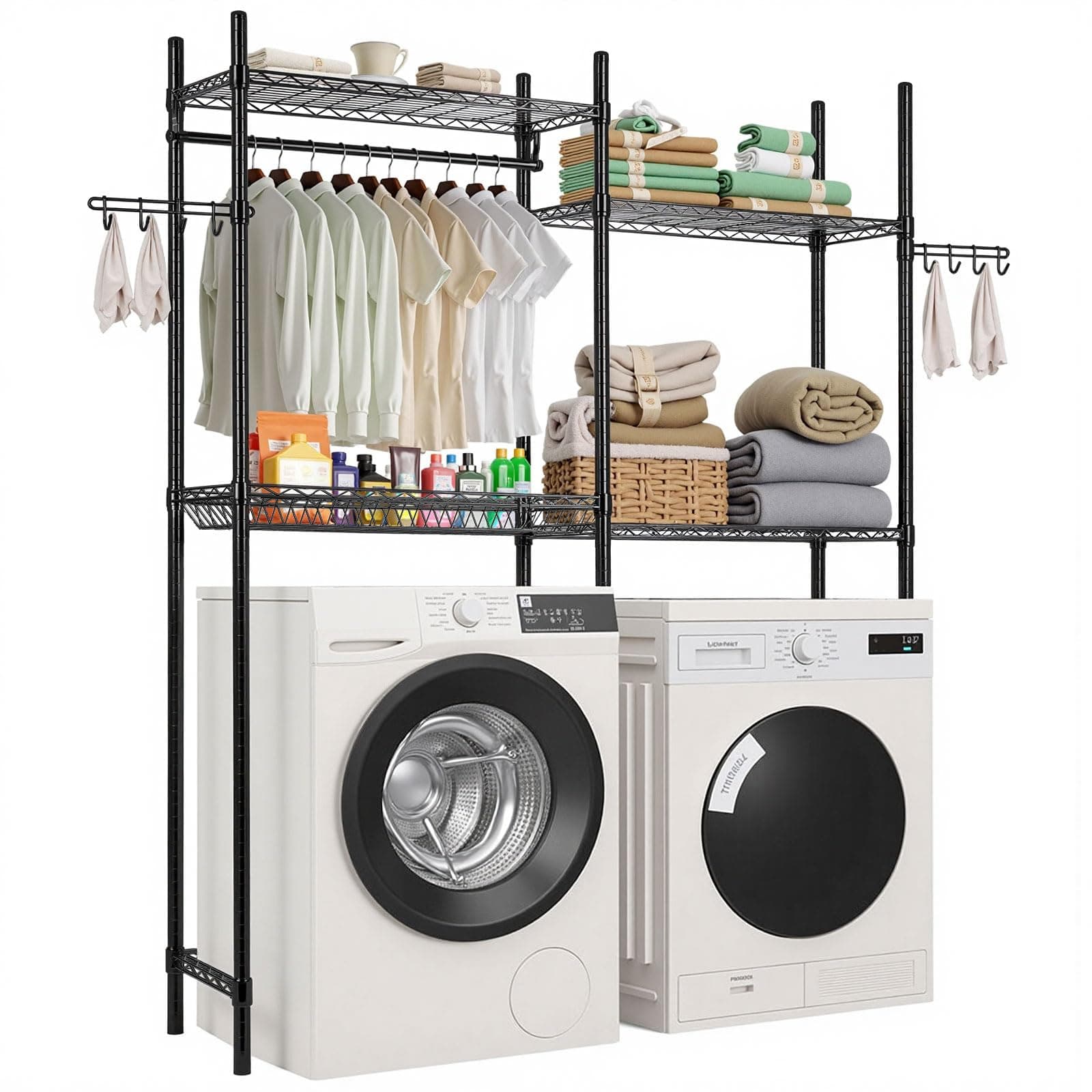 VEVOR Over The Washer and Dryer Storage Shelf, 4 Tier Laundry Room Drying Rack with Hanger Rod and Hooks, Adjustable Over Washer and Dryer Shelves, Laundry Room Shelf Storage Space Saver, Black