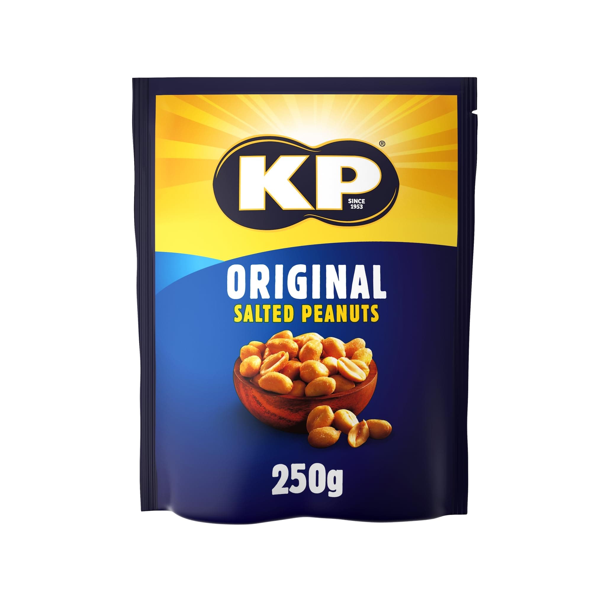 KP Nuts ORIGINAL SALTED Peanuts, 250g Pack - Roasted until golden for the perfect KP taste and crunch. Source of protein and high in fibre.