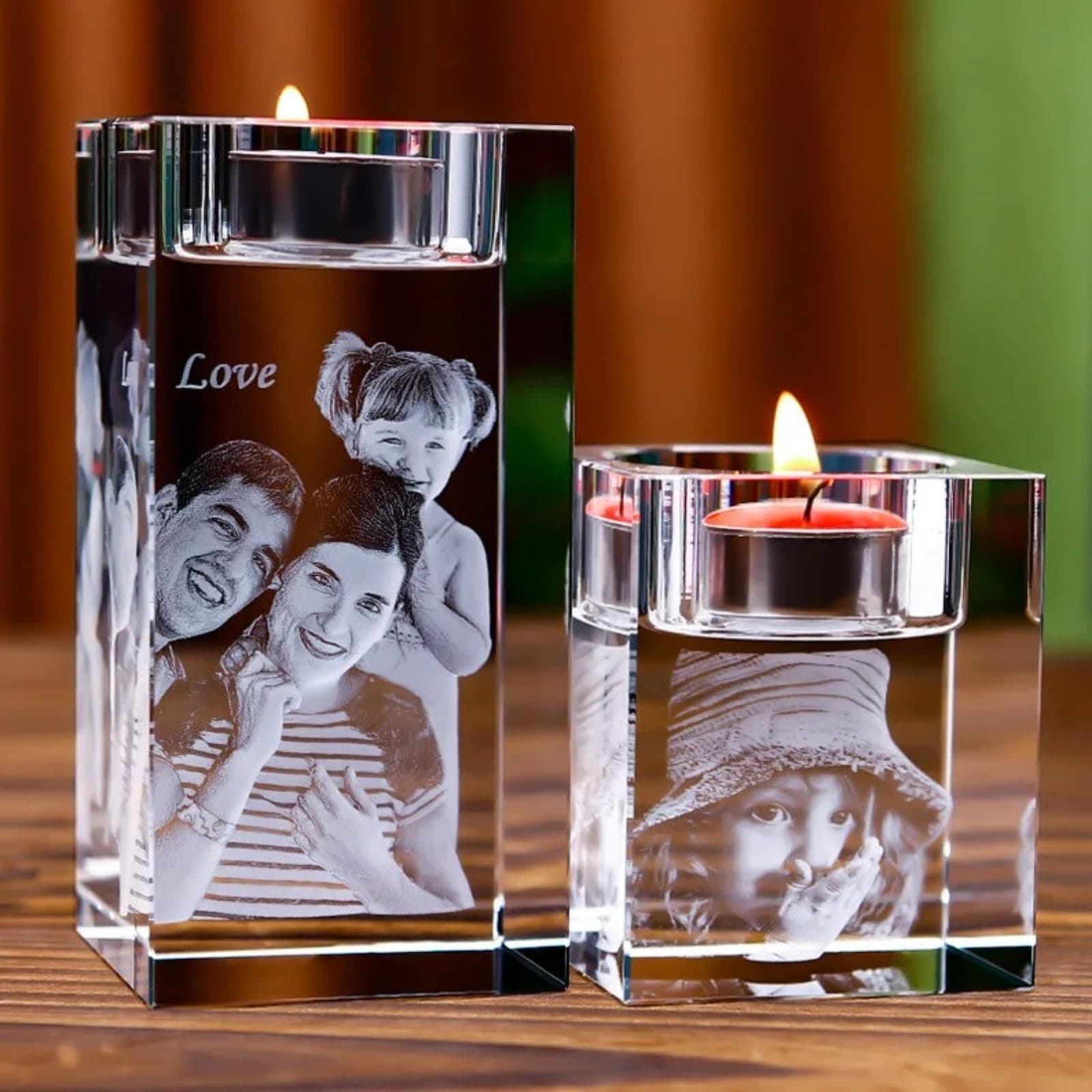 XEL Personalized 3D Photo Crystal Candle Holder,Custom Engraved Crystal Candelabra with Your Own Picture Text,crystal Candle, Anniversary Christmas Birthdays Gifts for Dad, Mom, Him, Her (5x5x10cm)