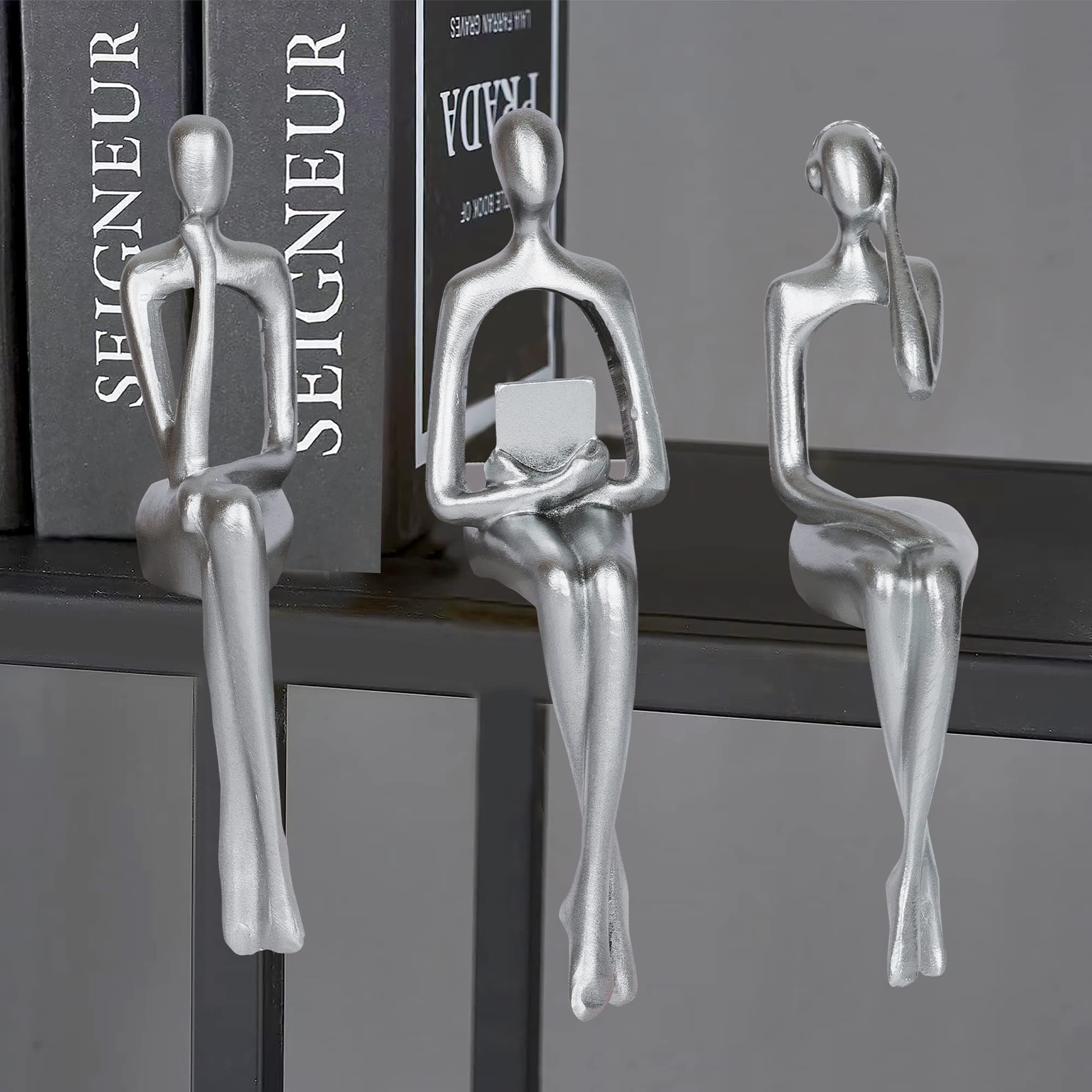 3Pcs Silver Thinker Statue Abstract Art Sculpture Decorations Reading Women Figurine Modern Sitting Shelf Decor for Home Decor Living Room Bookshelf Coffee Table Desktop Office Decoration (silver)