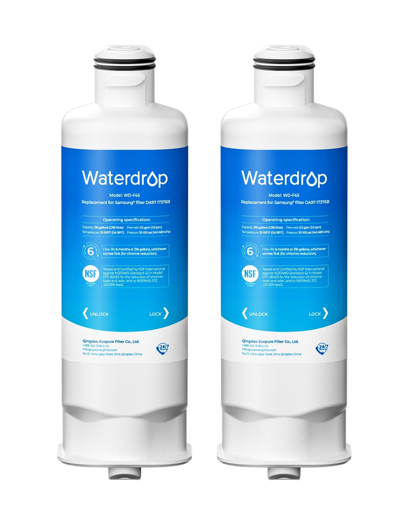 Waterdrop DA97-17376B Home Water Filter Cartridge, Refrigerator Water Filter, Compatible with Samsung DA97-17376B, DA97-08006C, HAF-QIN, HAF-QIN/EXP, Pack of 2