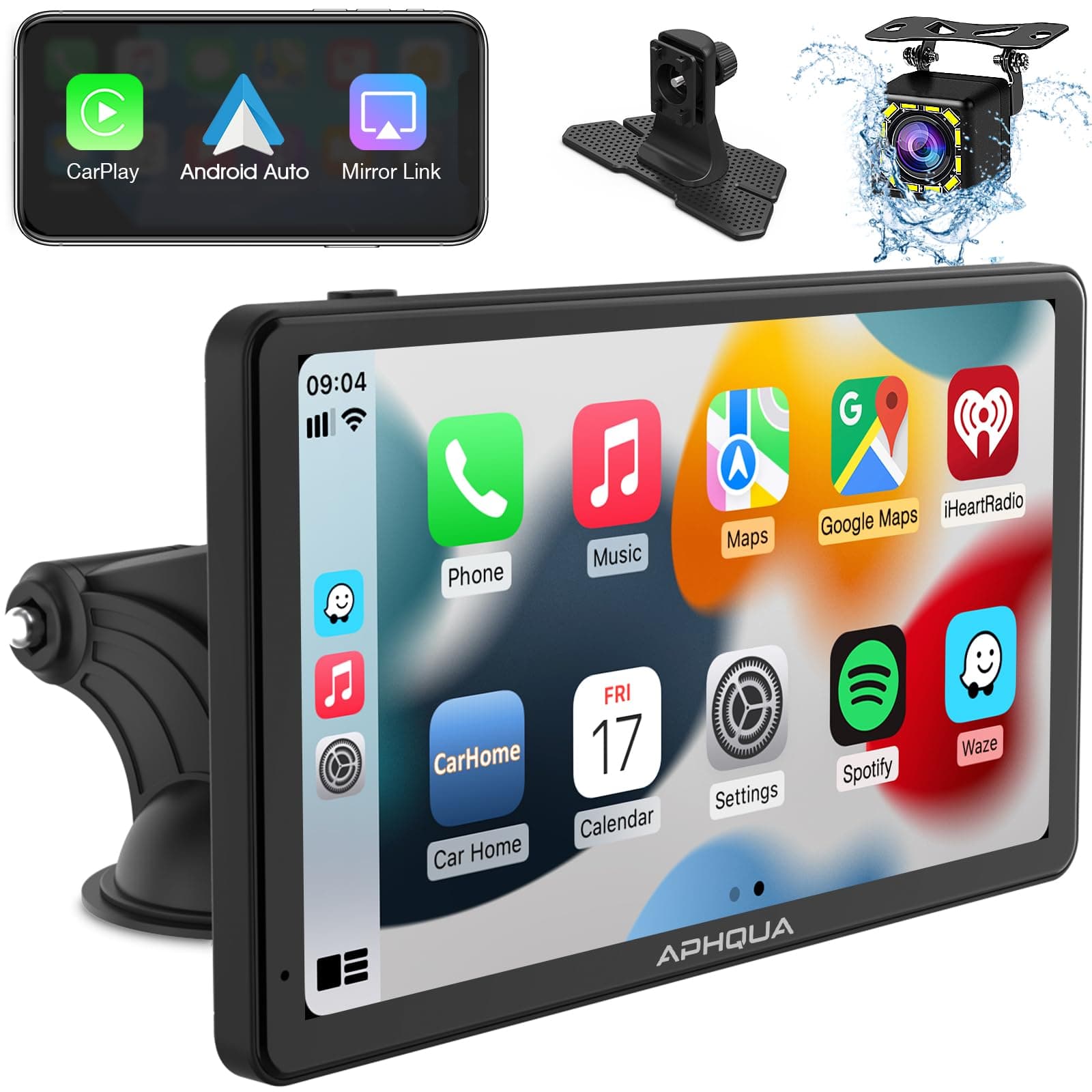 Newest Wireless Portable Carplay and Android Auto,Car Play Screen for Car with Mirror Link/AUX/FM,7''Carplay Box with Detachable Sunshade and 1080p Backup Camera for All Vehicles