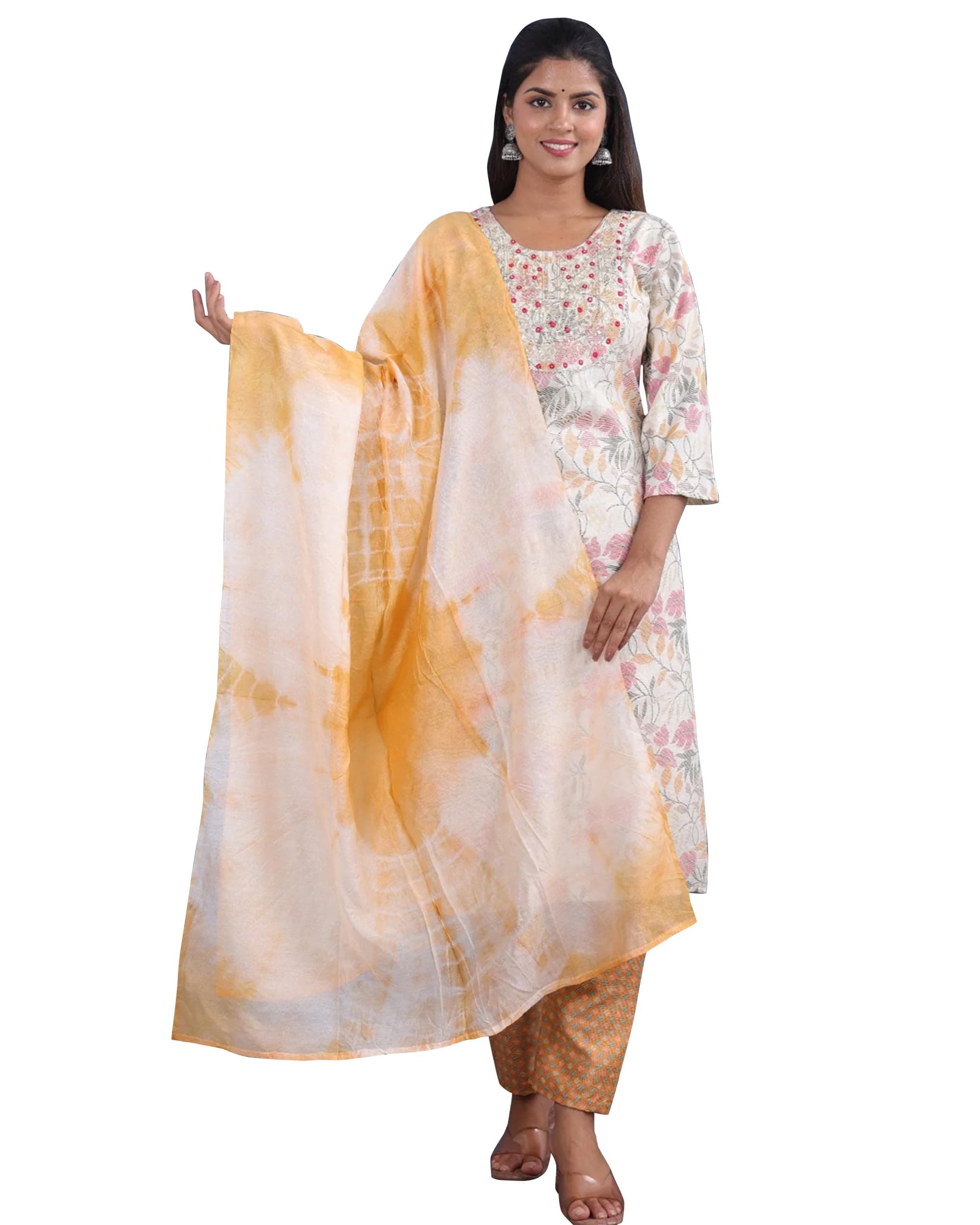 PeachmodeWhite Floral Printed With Embroidered Rayon Suit