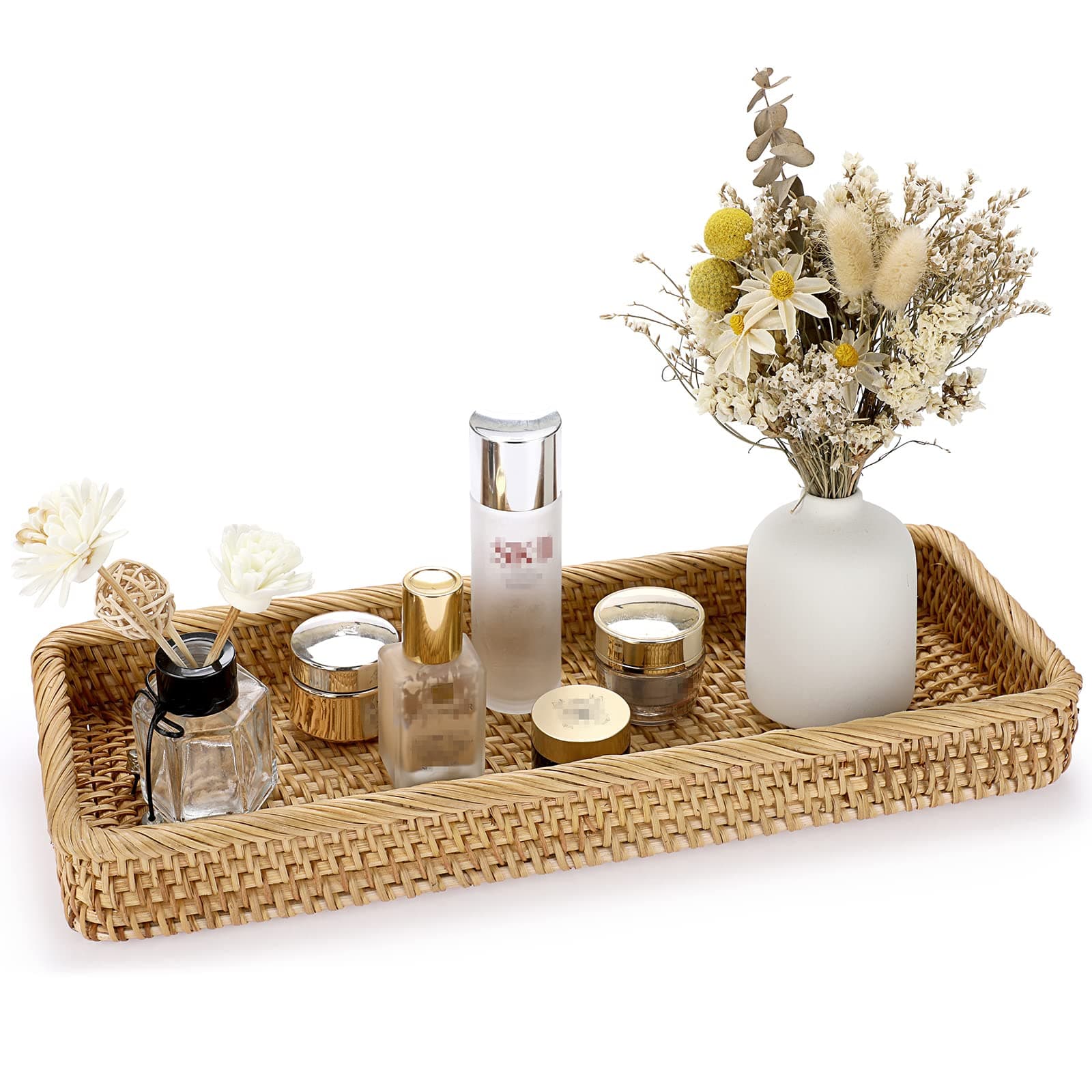 IGNPION Rattan Serving Tray Decorative Display Tray Table Storage Tray Toilet Tank Paper Tray Desktop Organiser Tray for Kitchen, Makeup, Vanity, Napkin, Candle, Ornament, 40x15cm