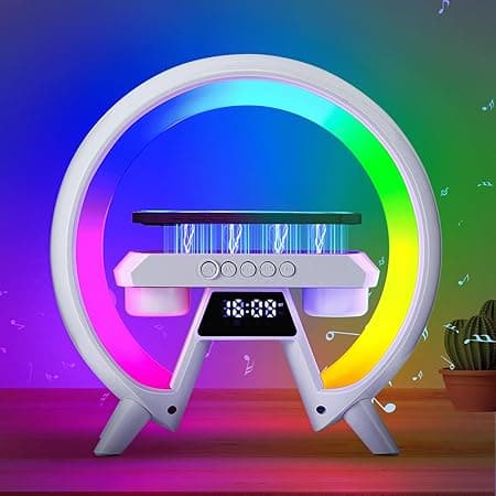 S SUNSBELL Table Lamp with Wireless Charger, Hi-Fi Bluetooth Speakers, Atmosphere Lamp with 15W Qi Wireless Charger, Bedside Lamp with Alarm Clock Mood Lighting Gifts for Bedroom Home Decor