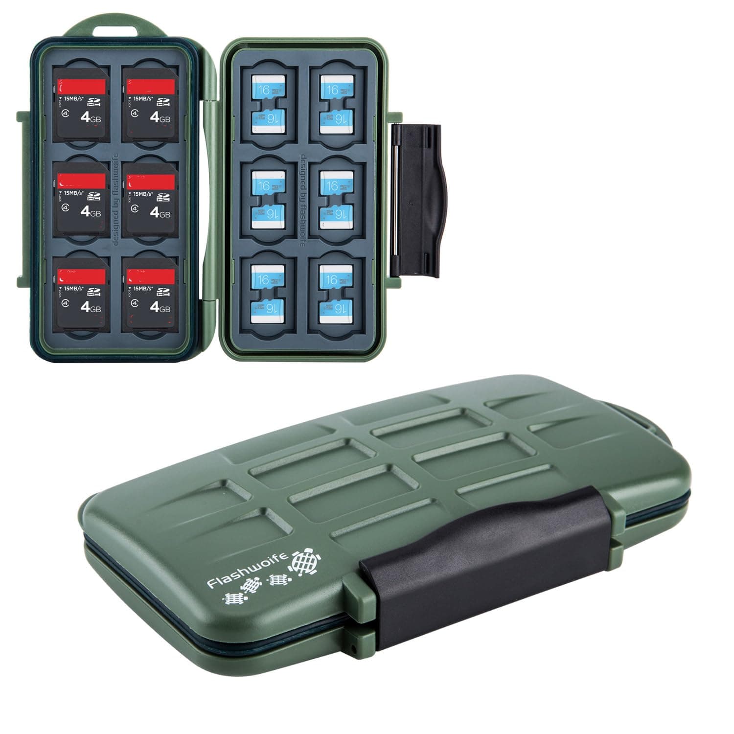 Flashwoife Turtle-SD12MSD24G - survival edition - memory card storage box enough room for up to 12 SD and 24 micro cards in olive green