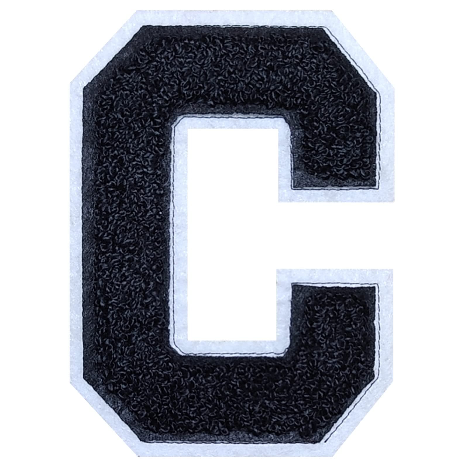 2Pcs Black/White Chenille Letter, 4.5" Iron on Letters Patches, Chenille Stitch Varsity Letter Patches for Clothing (C)