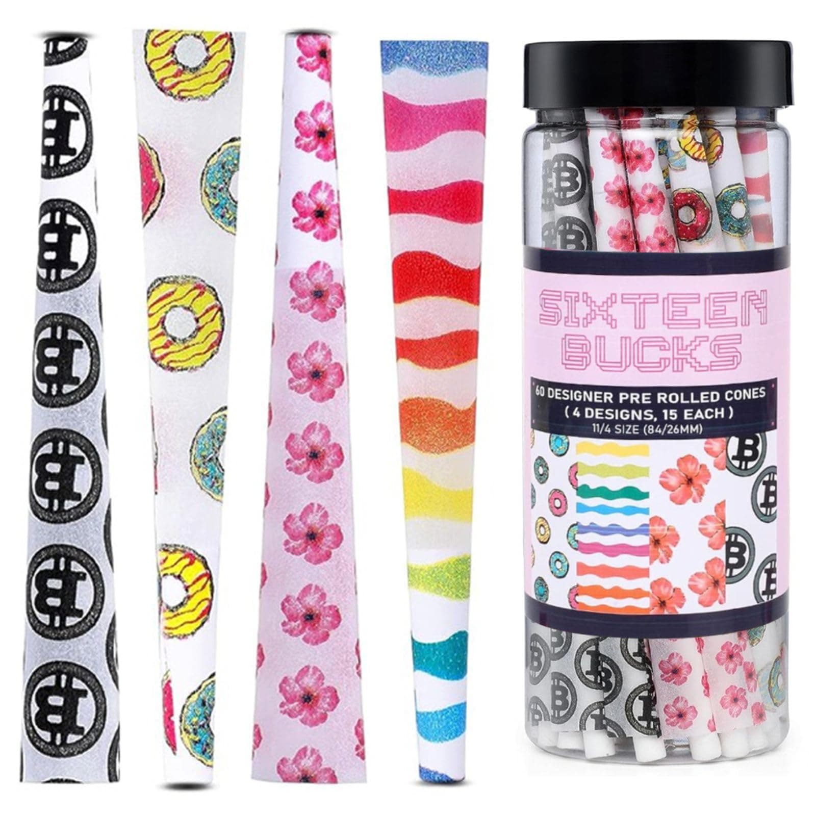Printed desiner pre rolled cones | Mix pack | 15 cones of each design | 60 Pack jar | 84mm