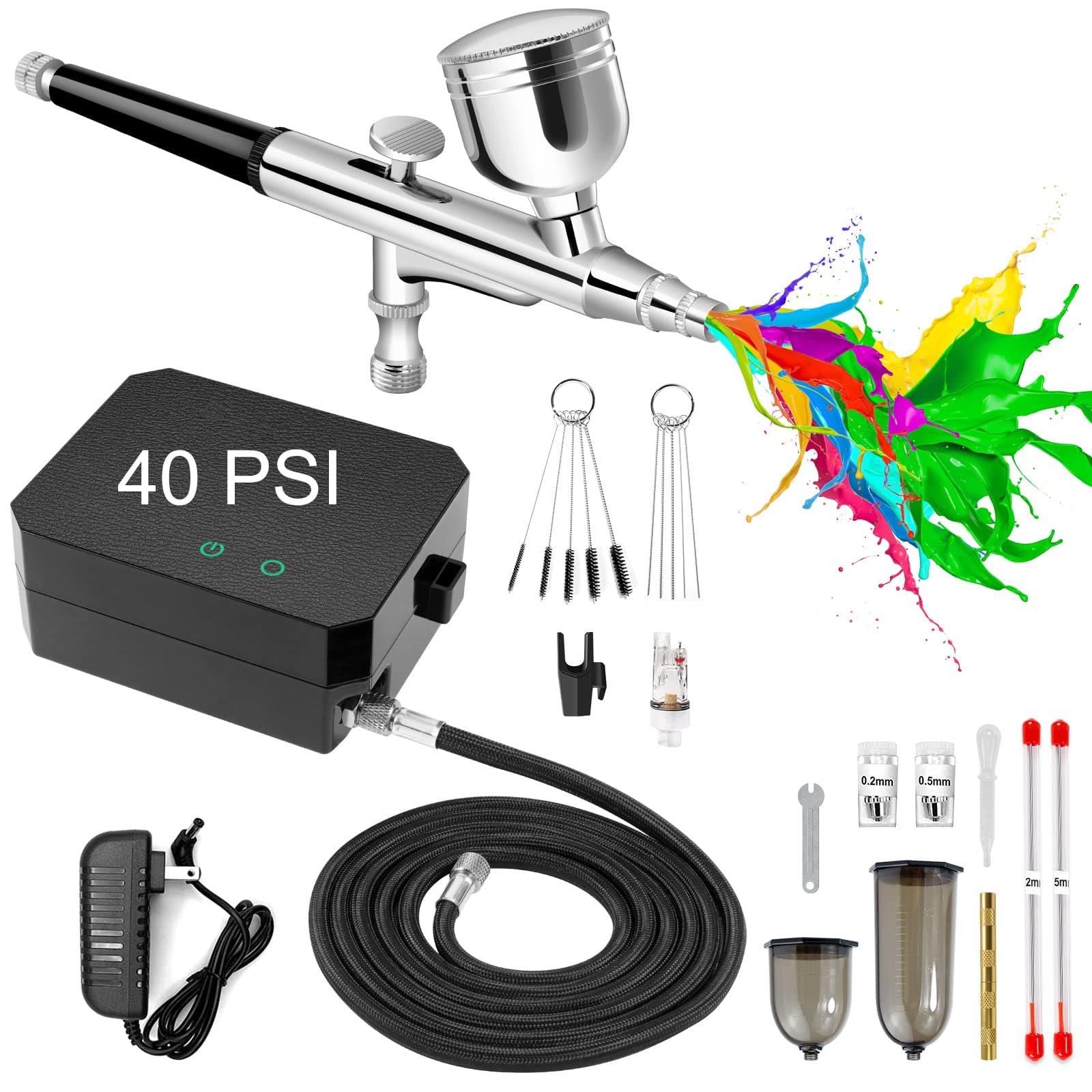 Airbrush Kit with Air Compressor, 40 48 PSI High Pressure Air Brush Non-Clogging with 0.2/0.3/0.5mm Nozzle/Sets, Airbrush Ideal for Nails Art, Makeup, T-Shirt Painting, Cake Ecorating DIY